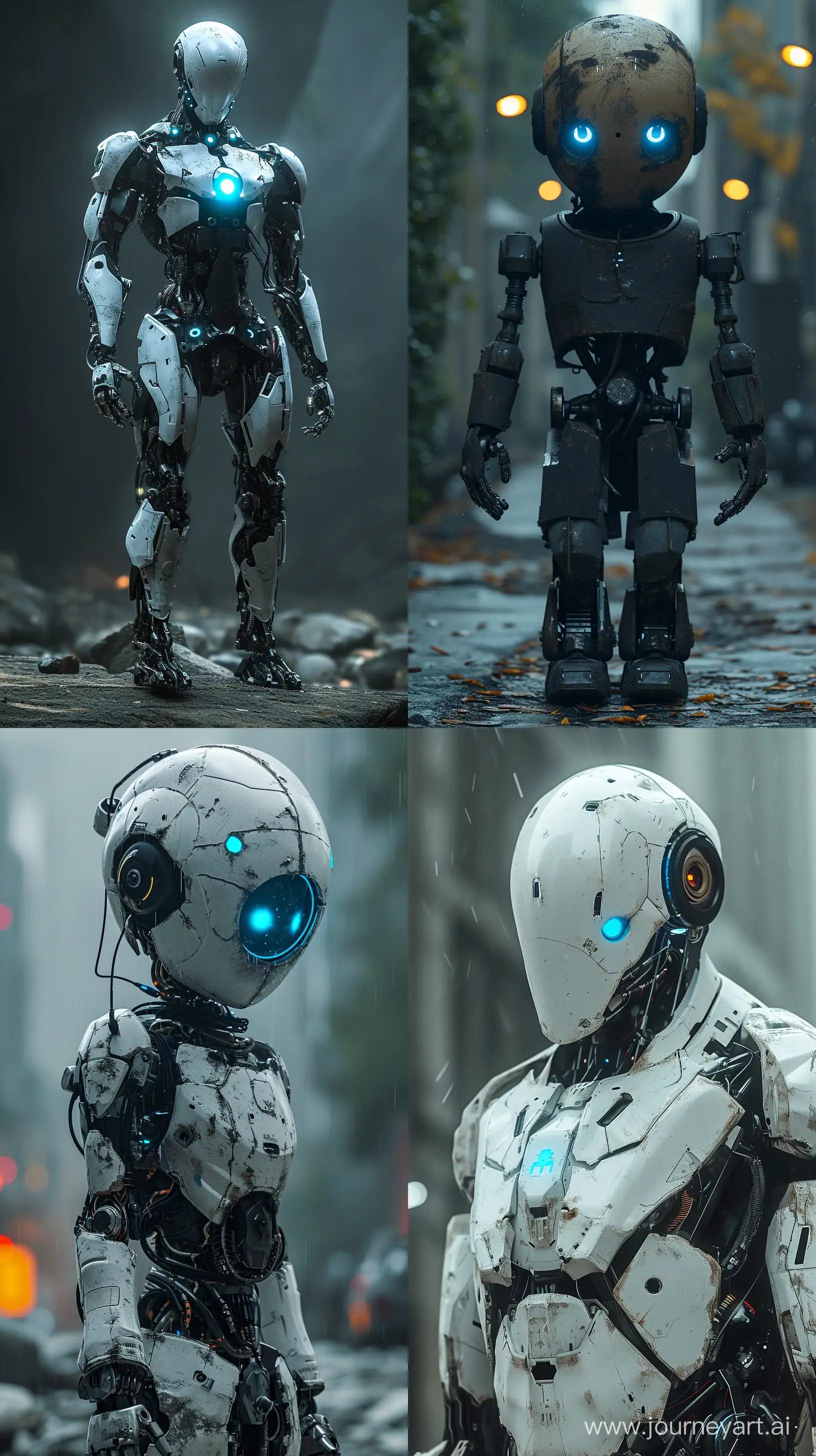 Робот стоит в полный рост со светящимися голубыми глазами, робот сломанный, поломанный робот, стоит в интересной необычной позе, 8K::1.2, V-ray, realism, --s 300 --ar 9:16