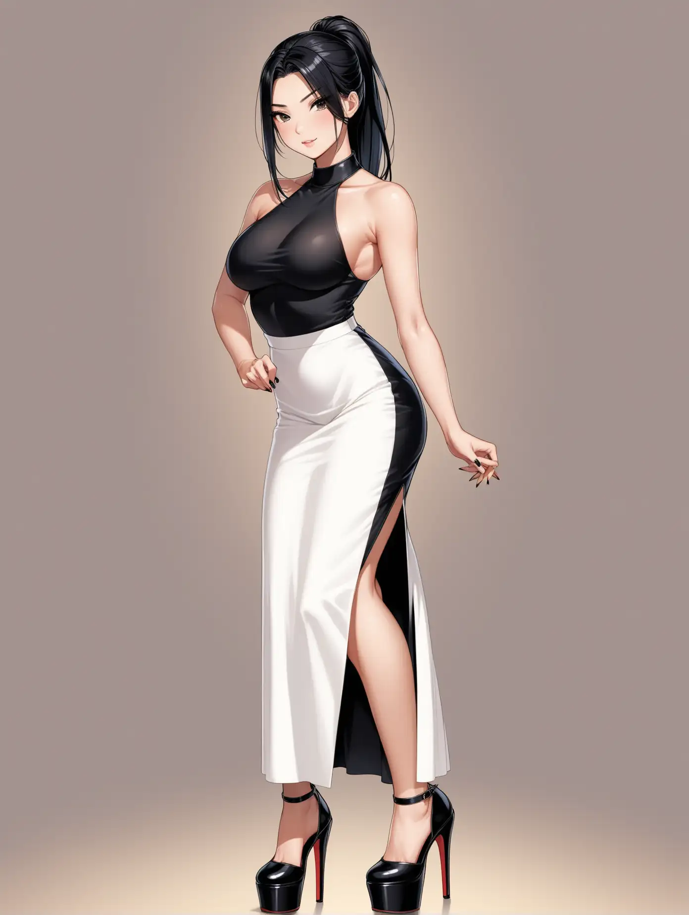 Full body image of a hot court woman with black hair, ponytail and platform high heels