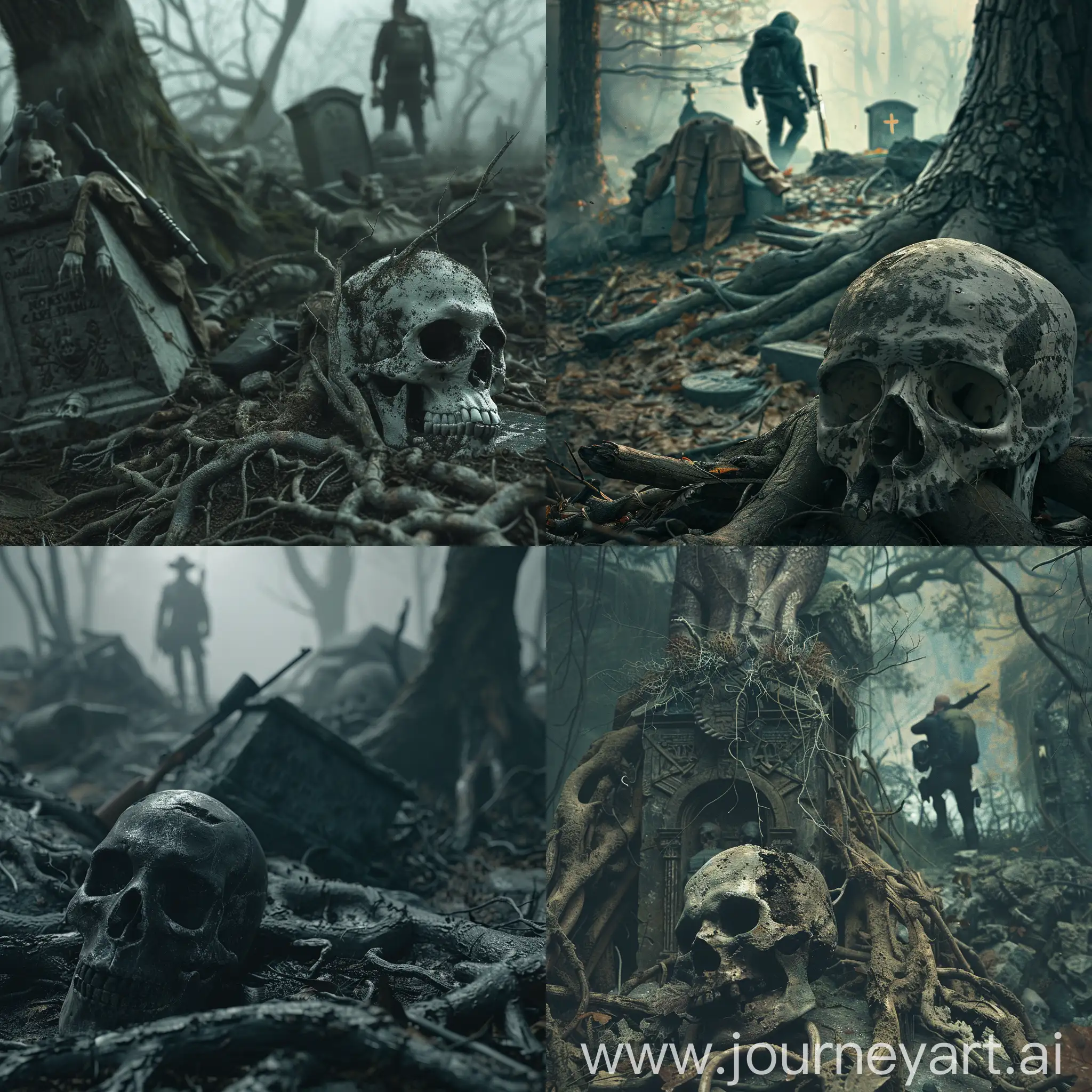 In the foreground is a 1skull, a tomb, tree roots, in the distance there is a hunter, a gun, an old jacket, a gloomy atmosphere, a horror film, hyper-realism, 8K Image Quality, Ultra Detail