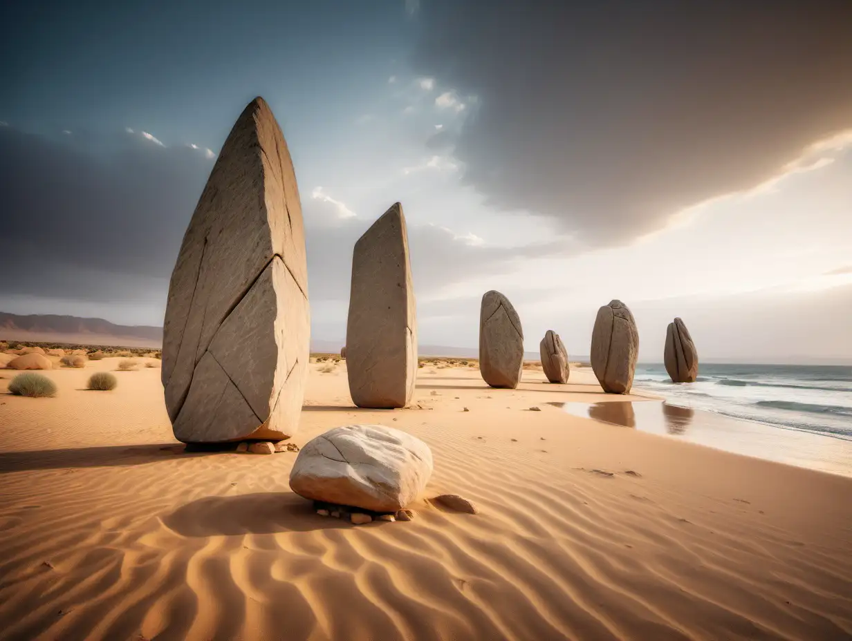 megalithic standing stone group of boulders stands tall at the shore of a desert landscape