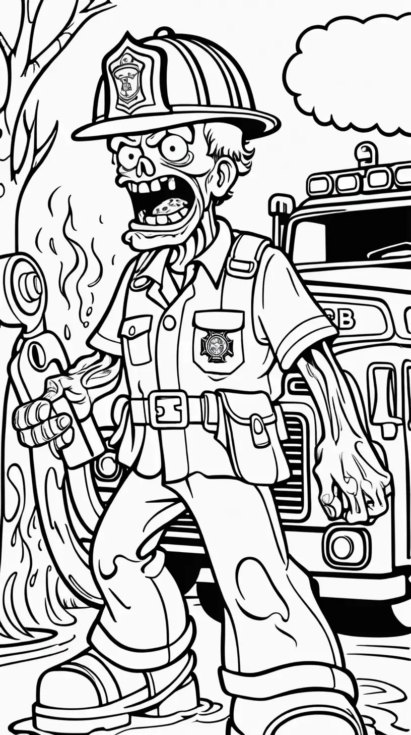 coloring book image, clear black and white vector image, funny creepy real zombie fireman washing fire truck