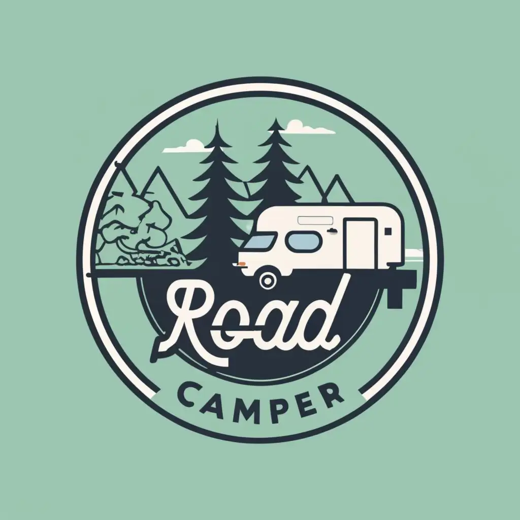 logo, road trees and camper, with the text "Abstract logo", typography