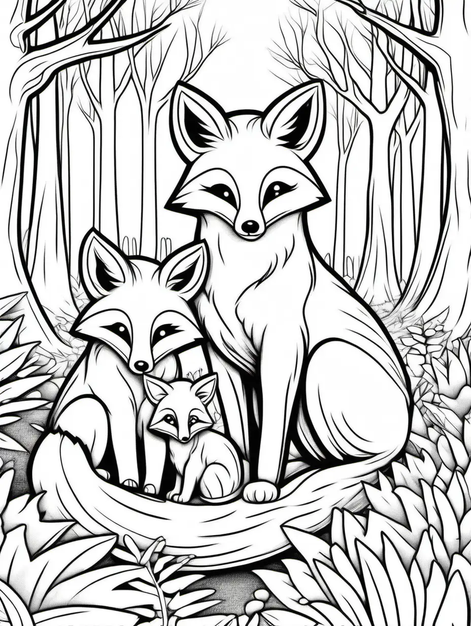 Adorable Cartoon Fox Coloring Pages for Kids in a Forest Setting