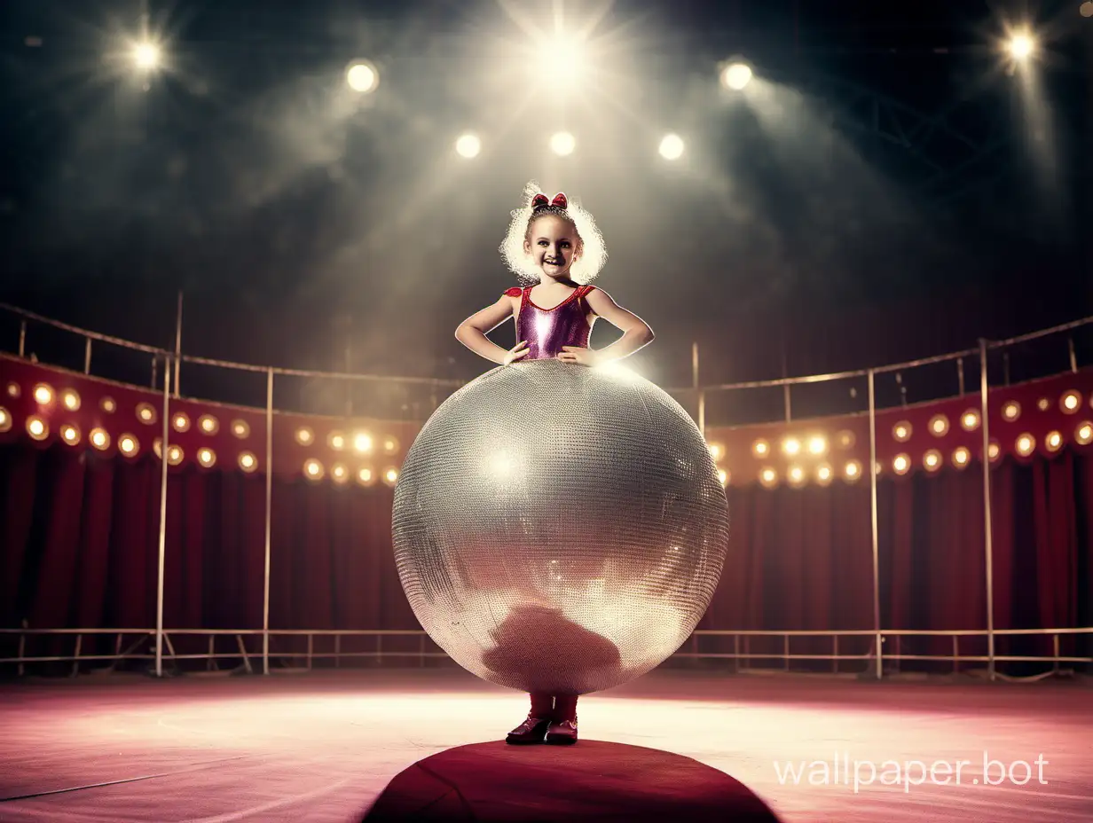 Children's circus, a cheerful 11-year-old girl in a sparkling circus leotard stands on a huge silver ball in the circus arena under the spotlight