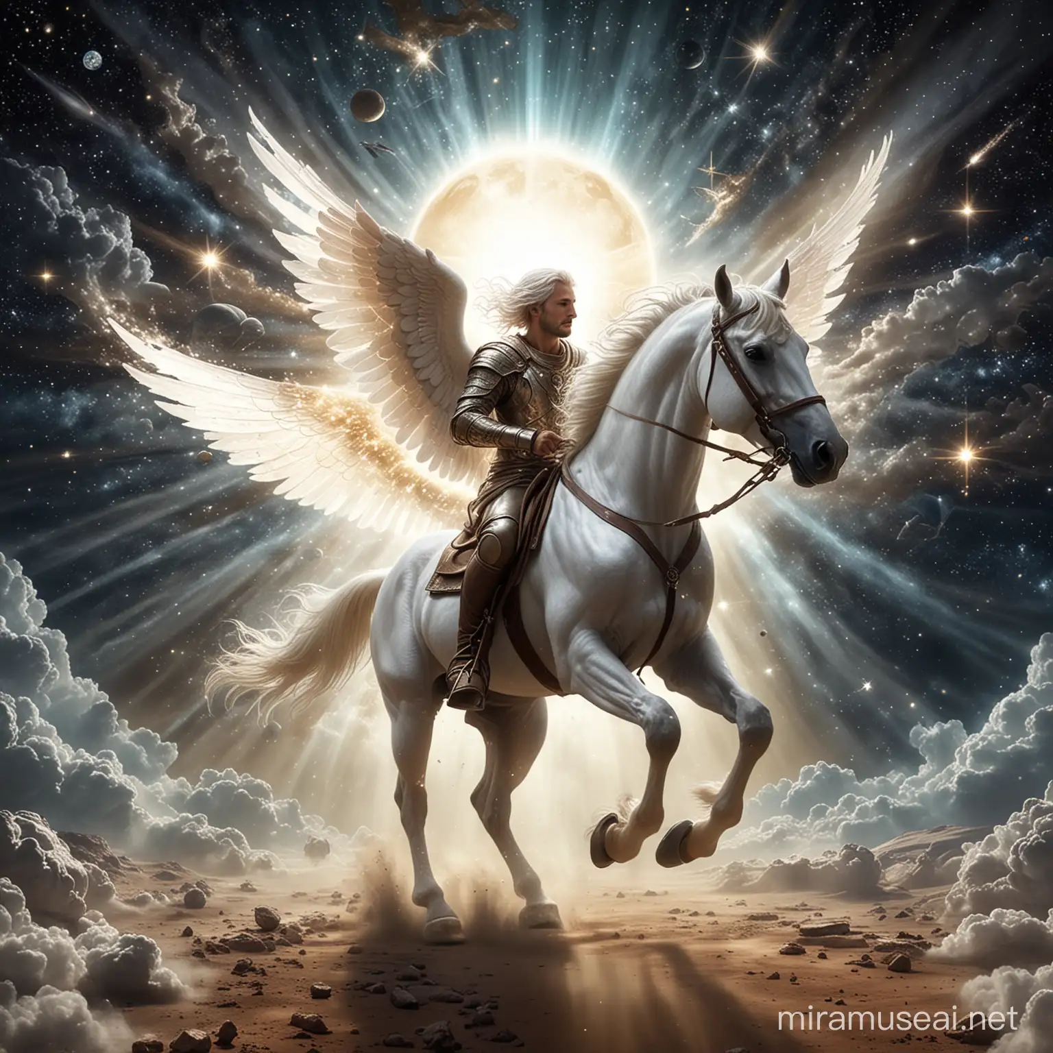winged white horse running through planets and stars and there is a holy person is riding the horse..and this holy person is a man made of light rays