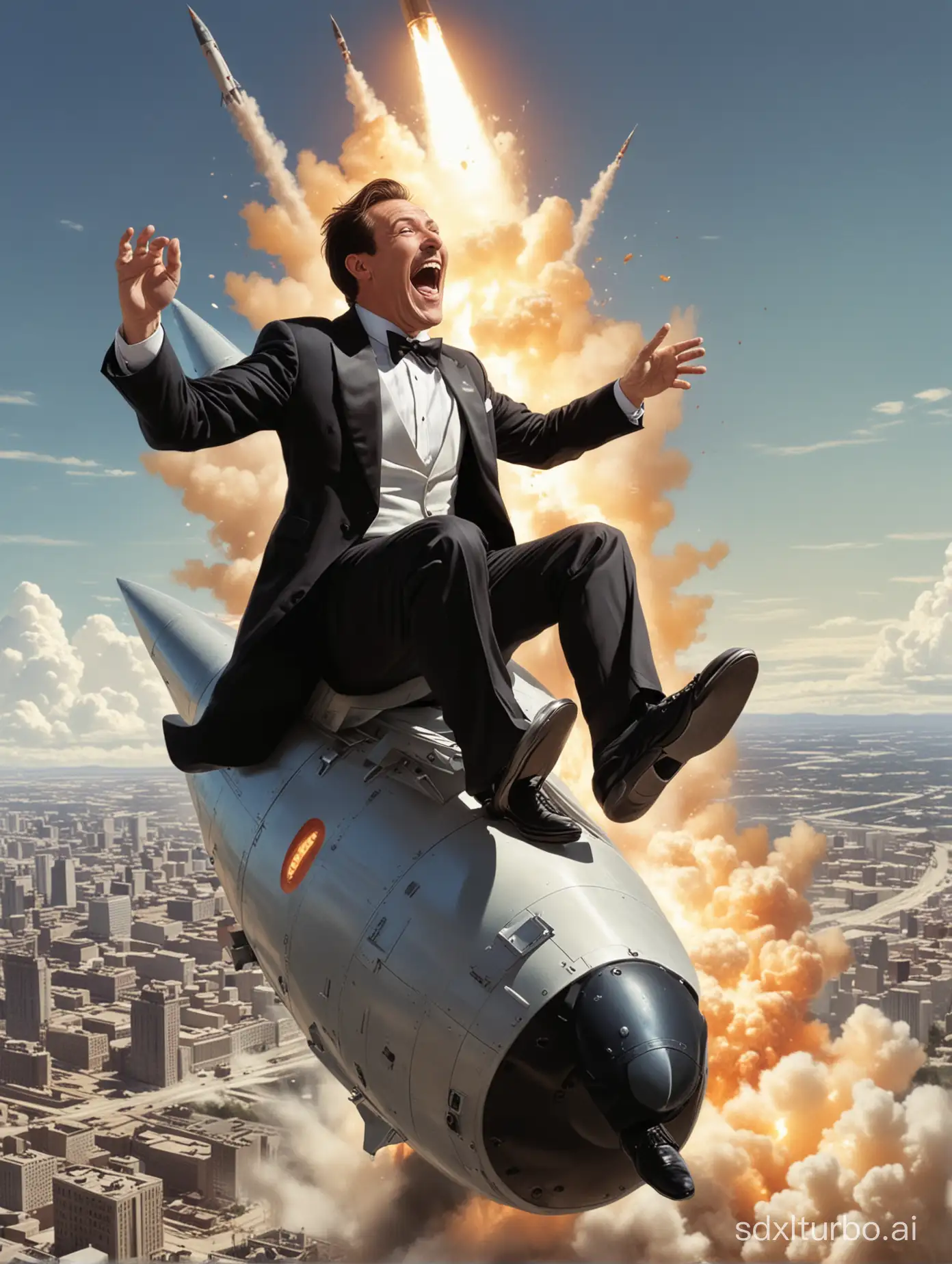 A laughing man in a tuxedo sits on top of a nuclear missile speeding toward the city.