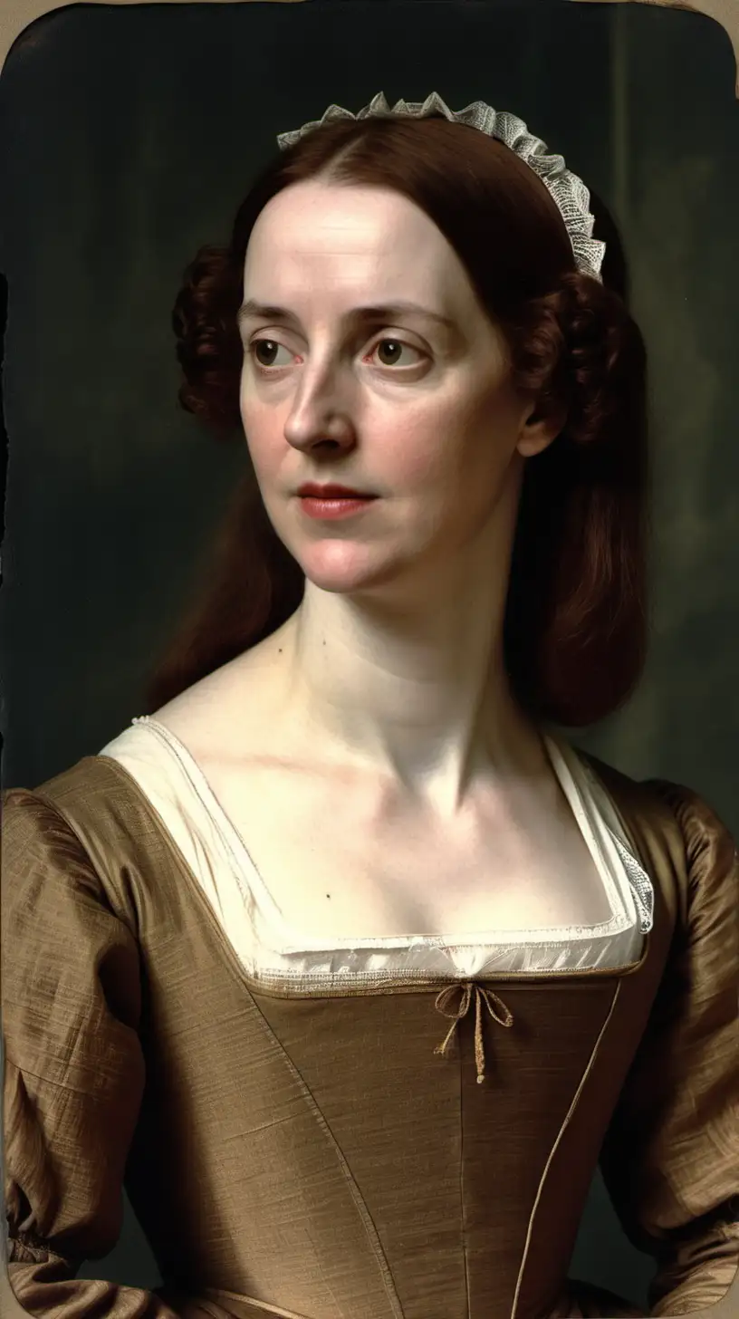 A color profile photo of Anne Shakespeare aged 34, wearing a simple dress without headgear, heartbroken, staring squarely at the camera.

