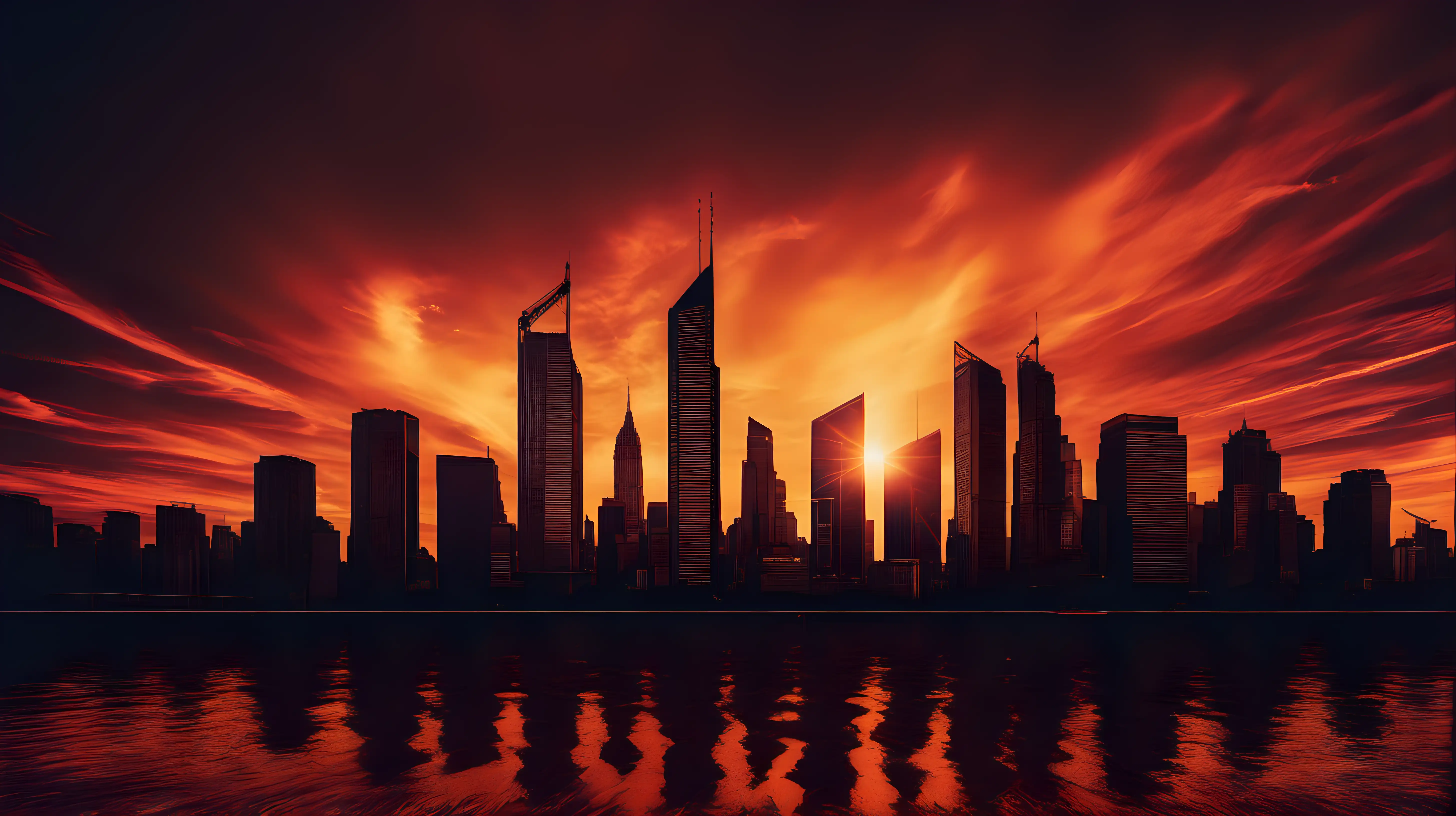 A dramatic skyline with skyscrapers outlined against a blazing sunset in the city.