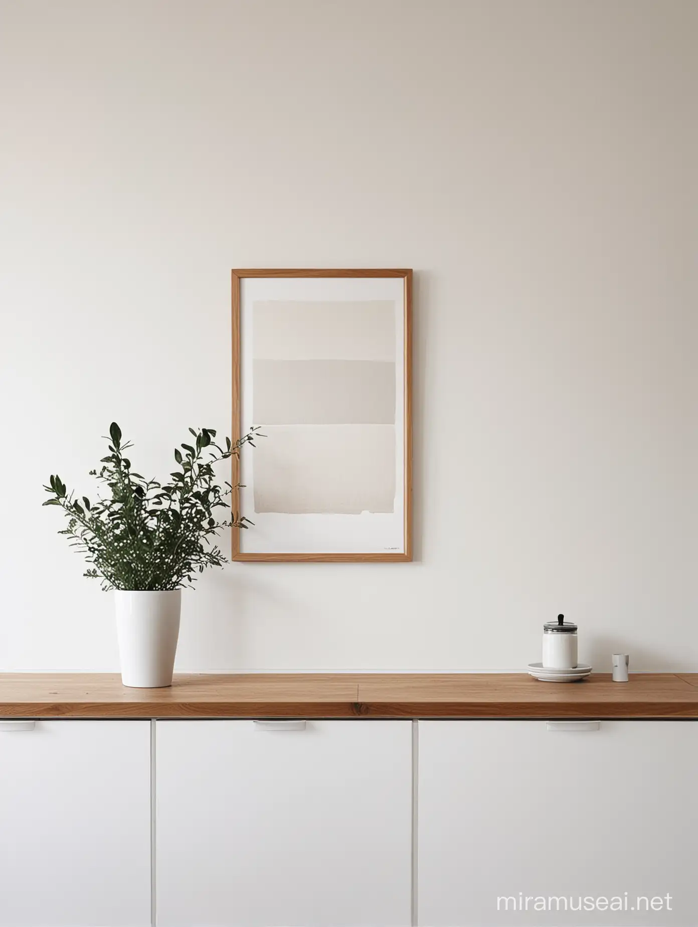 Small square painting on white wall, wooden framed, minimal white kitchen