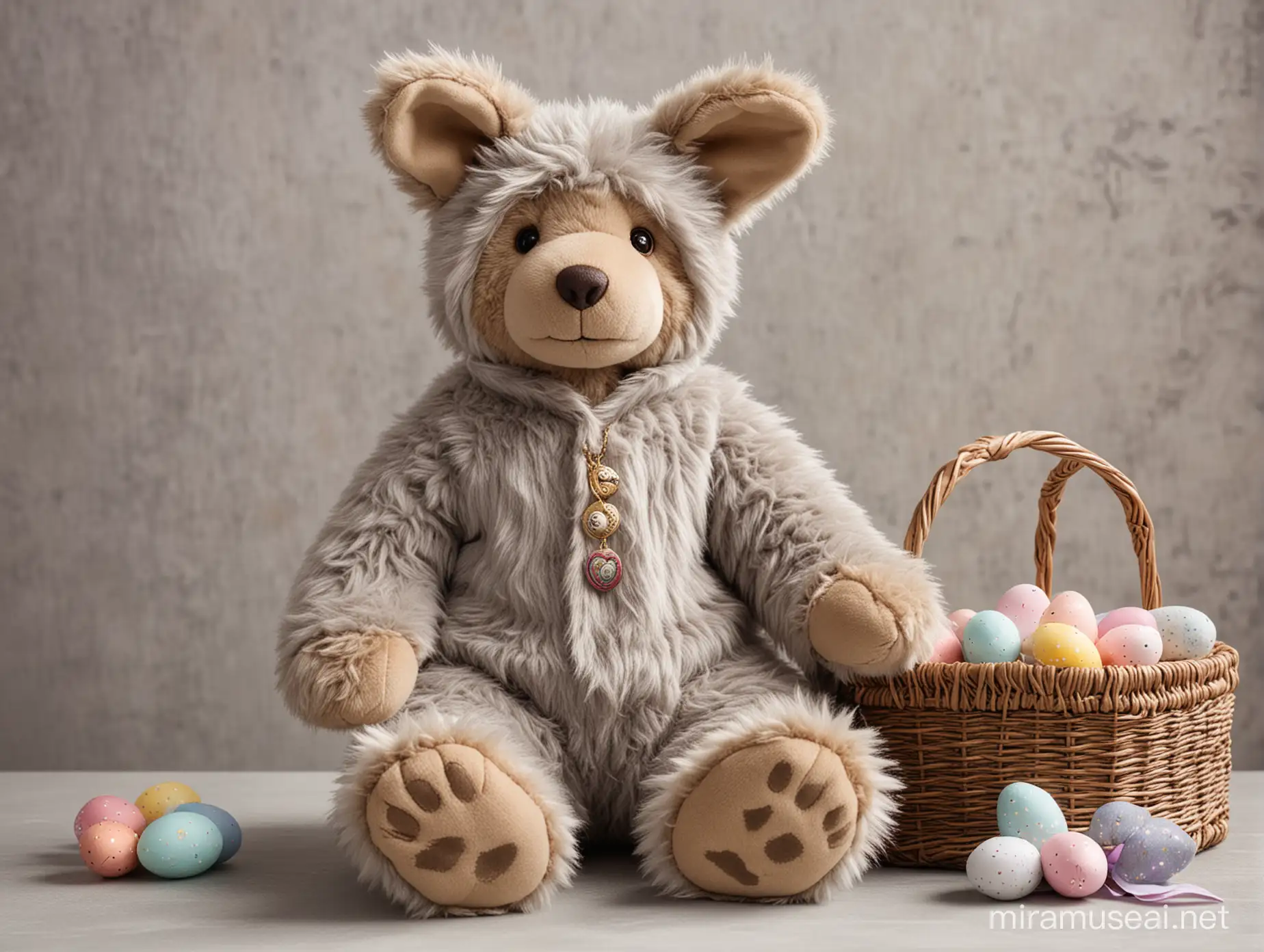 A teddy bear with medium long grey fur and with a medallion of a paw print on his neck, is dressed in an separate, furry,  Easter bunny suit, with a small wicker basket full of Easter eggs.