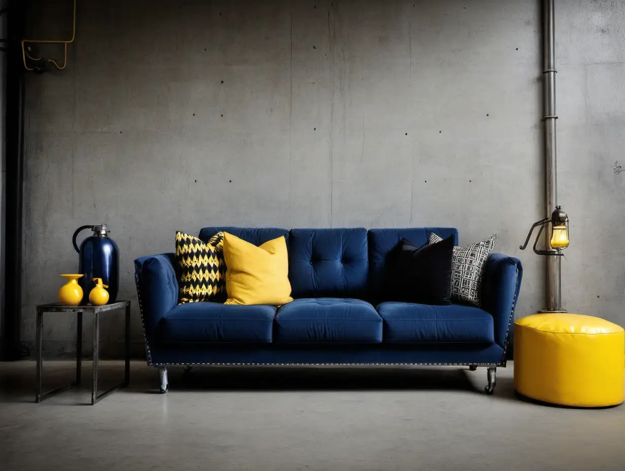 Commercial Photography, industrial living interior with blue and black sofa and yellow decor