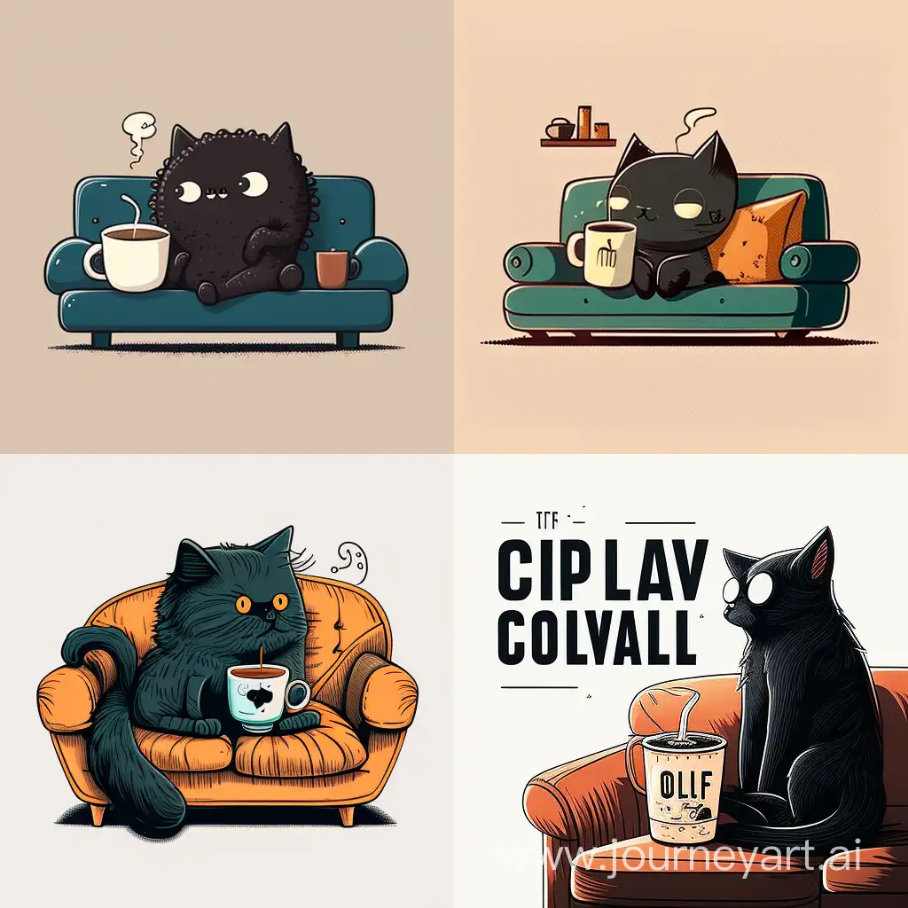 A funny line illustration of a black cat sitting on a couch drinking coffee
