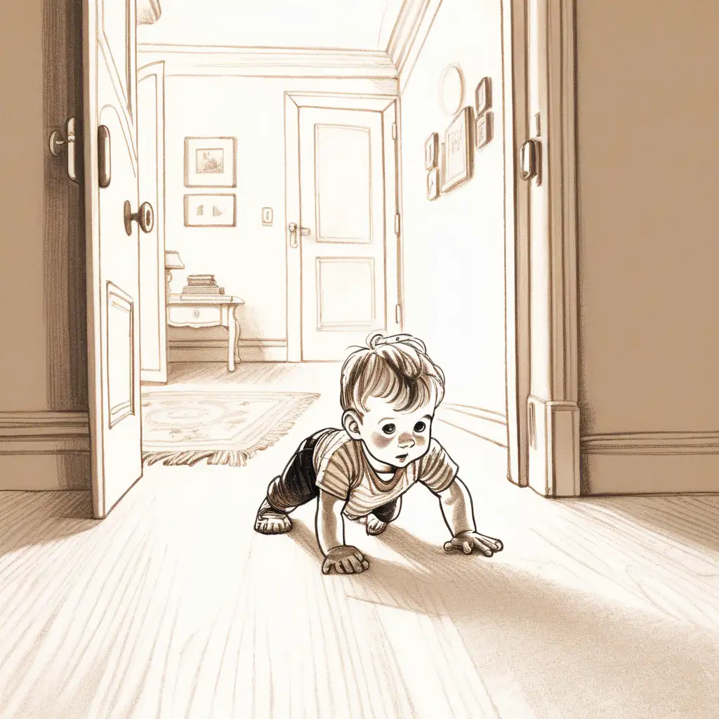 An sketch of a white male baby crawling in a brightly lit room, with his back to the viewer, drawn in the style of a rom-com book cover
