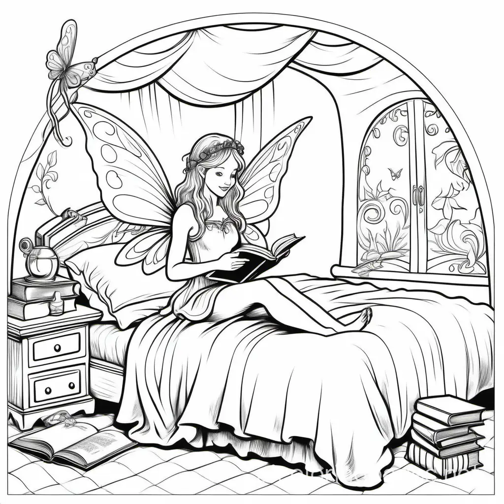  beautiful realistic looking 
fairy sitting on a bed reading a book in her whimisical bedroom in her fairy aesthetic fairy room, Coloring Page, black and white, line art, white background, Simplicity, Ample White Space. The background of the coloring page is plain white to make it easy for young children to color within the lines. The outlines of all the subjects are easy to distinguish, making it simple for kids to color without too much difficulty, Coloring Page, black and white, line art, white background, Simplicity, Ample White Space. The background of the coloring page is plain white to make it easy for young children to color within the lines. The outlines of all the subjects are easy to distinguish, making it simple for kids to color without too much difficulty