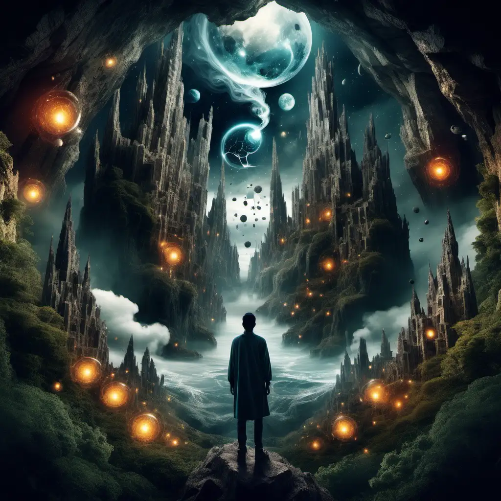 Visualize a captivating scene where an otherworldly person is made entirely of elements of a captivating story. Include elements of mystical nature. leave a feeling of curiosity and wonder
