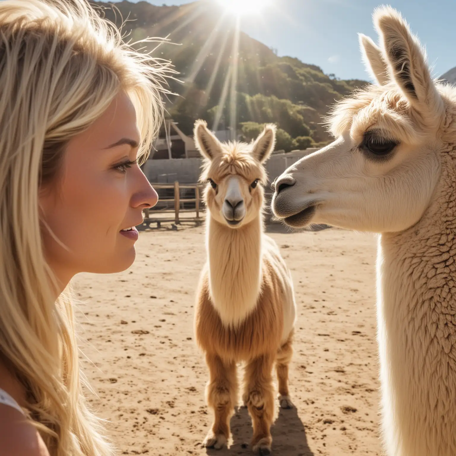 Blonde Woman Meeting a Llama Under Midday Sun