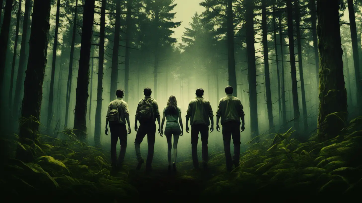 Movie poster "The Forest".   In the woods is four men and one woman. Movies style.
