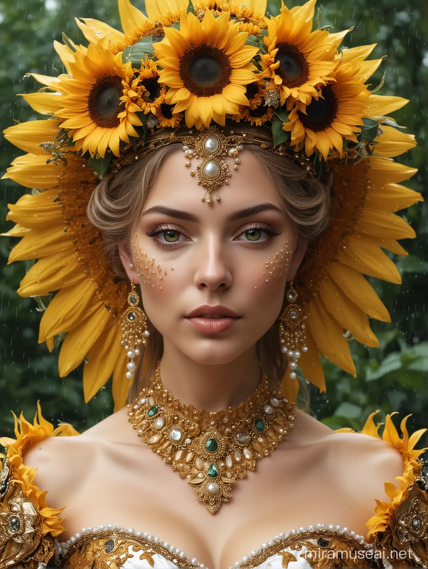 Beautiful woman portrait venetian sunflower masqued rococo woman portrait , adorned with sunflower and sunflower seeds headdress and green floral and white flower Forest flowers and botanical metallic golden filigree gothica palimpsest rainy headdress wearing sunflower ans sunflower seed ribbed with botanical floral embossed art nouveau palimsest white and berry red and green style costume armour and sunflower and sunflower seed yellow mineral stones quartz pearl art and grey and black quartz