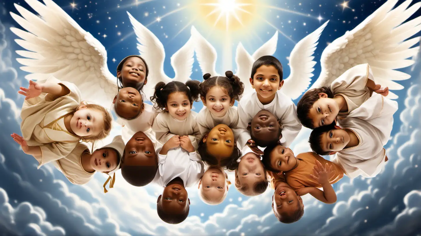 [Open with a serene, heavenly background with angelic music. Show a group of diverse children, each representing a different religious and ethnic group, looking down from above.]
