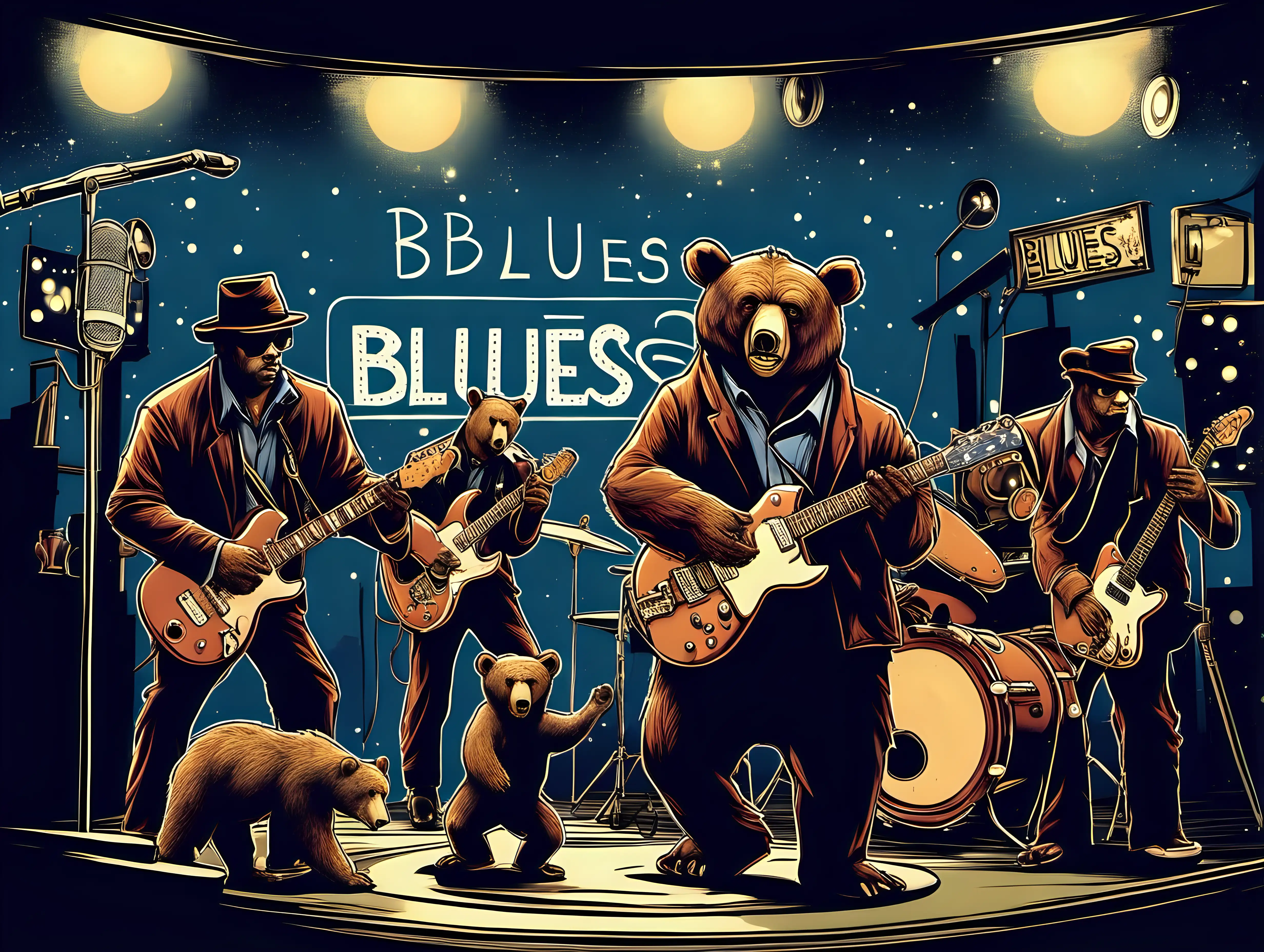 blues band in a night club with a bear on guitar 