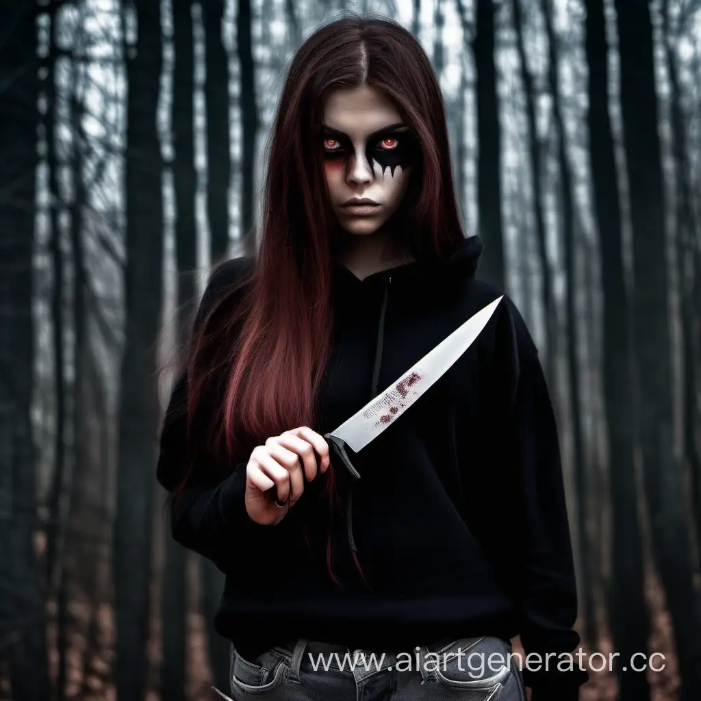 Девушка. Длинные коричневые волосы, красные зрачки, черная склера глаз, черная толстовка, серые джинсы, в руке нож, на фоне леса