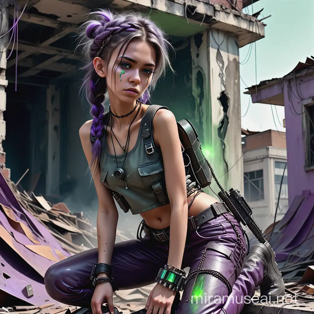 Futuristic Urban Sniper Young Woman with Futuristic Pistol on Dilapidated Building