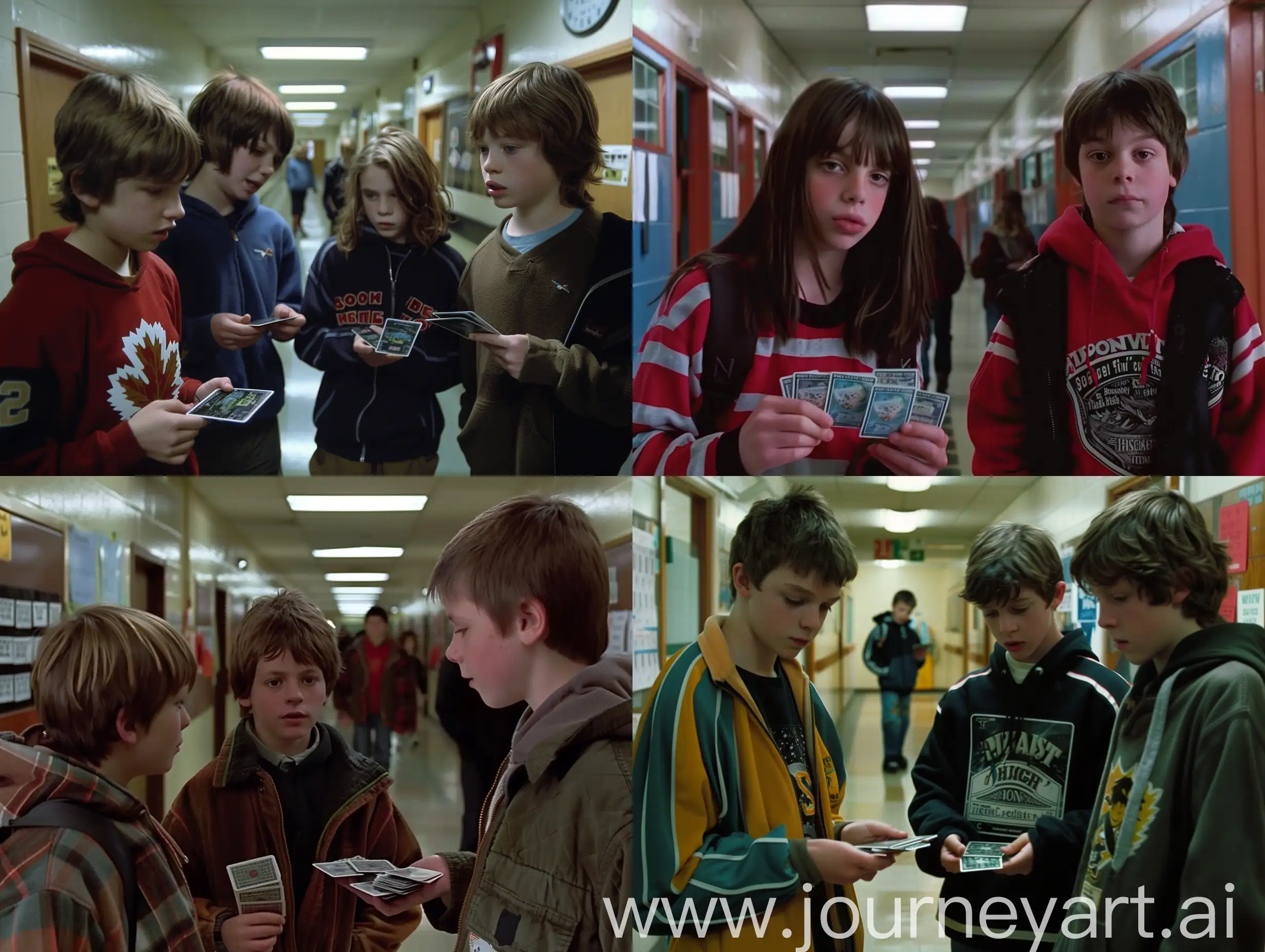 heist movie with kids from 2005 as they dealing hockey cards, they standing in school corridor --v 6 --ar 4:3 --no 81493