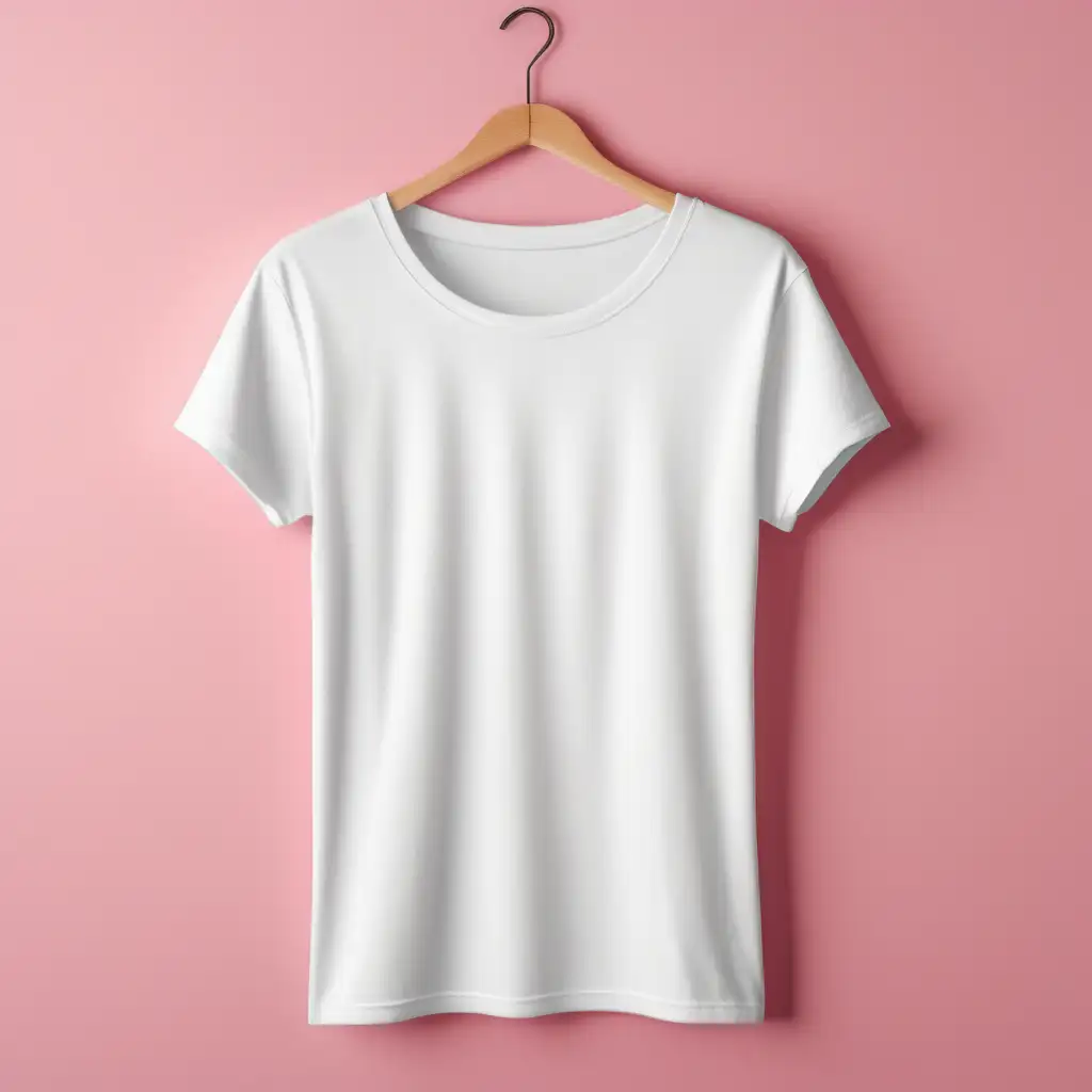 PLAIN blank  white T-SHIRT, bella 3000 mock-up photo, young trendy ,t-shirt frontage for showcasing designs,  good lighting and styling.well-lit indoor room settings that are minimally furnished in the background, fun pink aesthetic

