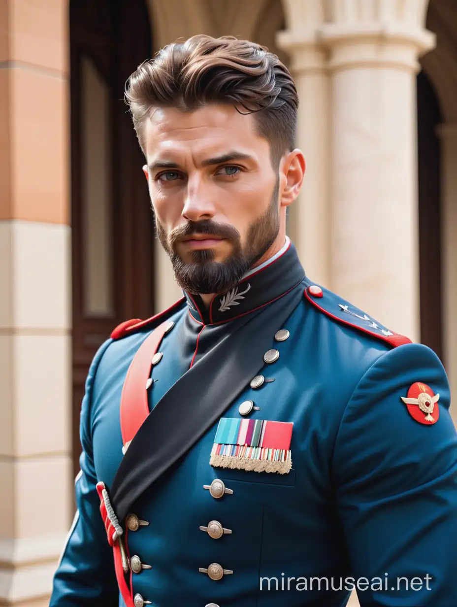 Tall and handsome muscular men with beautiful hairstyle and beard with attractive eyes and Big wide shoulder in cavalry regiment as officer with Coat standing 
