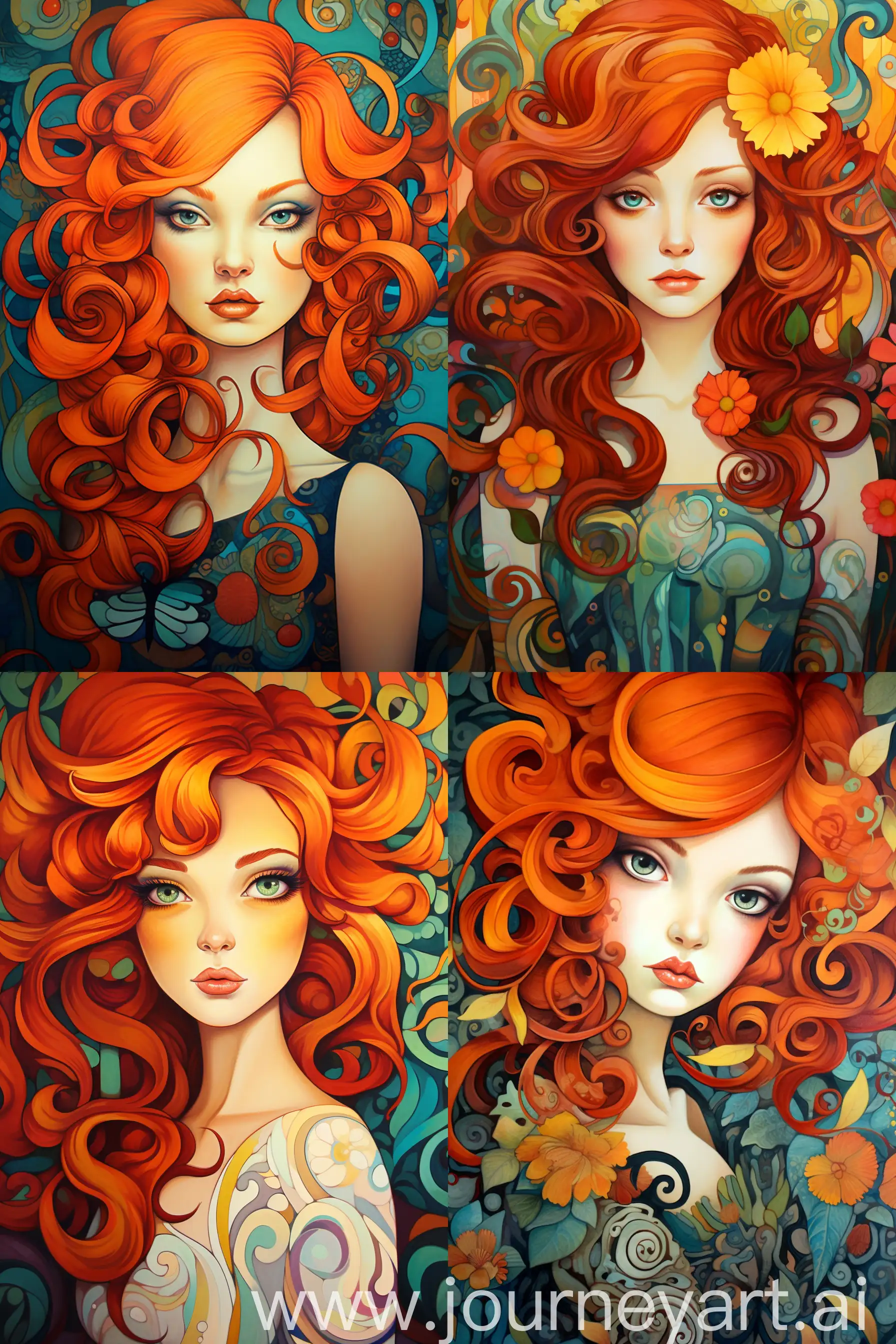 a painting of a woman with red hair, an art deco illustration, inspired by Jeremiah Ketner, orange and brown leaves for hair, maxim sukharev, charming expression gesicht, gustav klimt style --v 5.2 --q 2 --ar 2:3