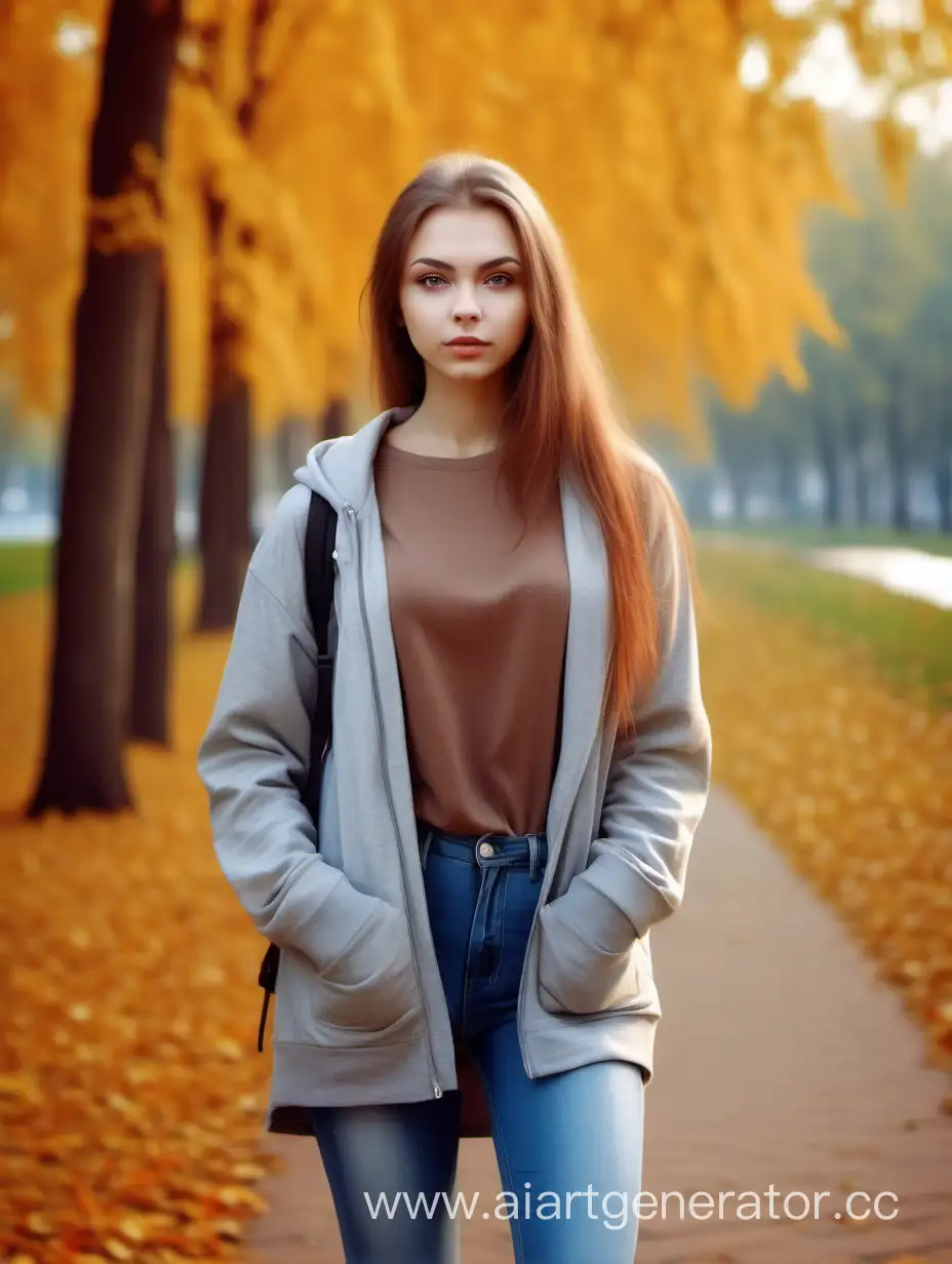 a girl of Slavic appearance, realistic image, on a walk in the park in autumn, dressed in casual style