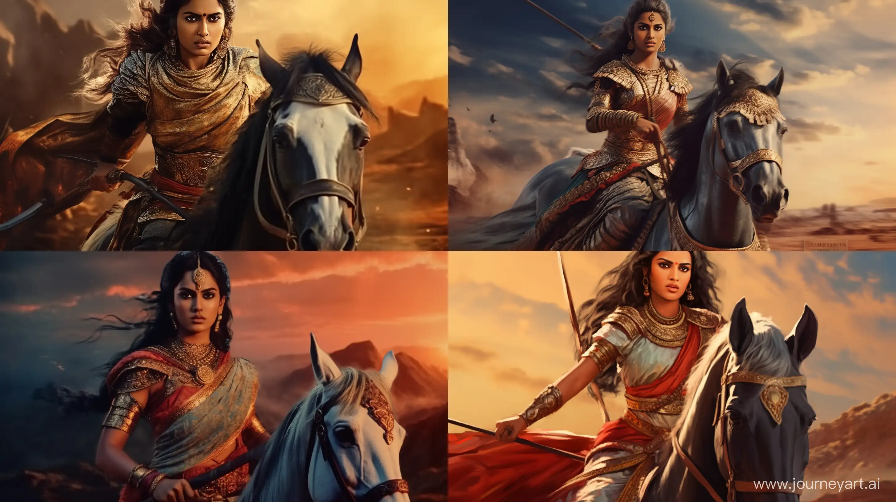 https://i.ibb.co/G3p9t14/image.png, tamil women warrior riding horse in Art Nouveau
art style, wide angle shot, cinematic, 4k, semi realistic, digital art --ar 16:9 --iw .5