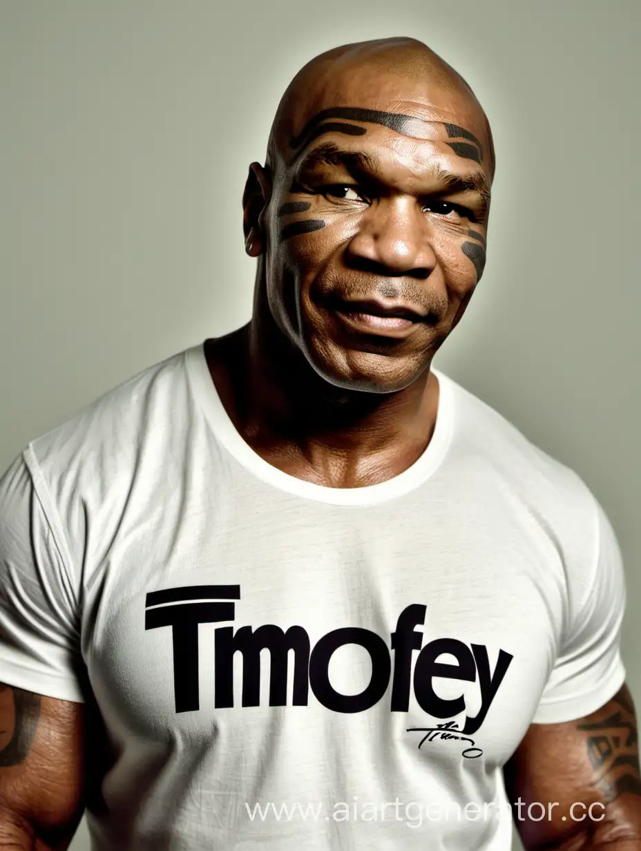 Mike Tyson in a T-shirt with the inscription Timofey