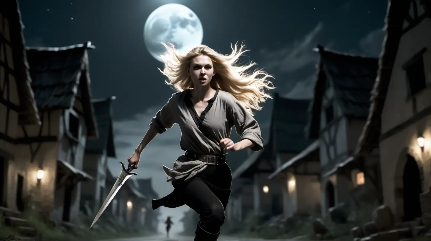 a woman with flowing blonde hair in a short grey tunic and black pants holds a small dagger as she runs through a village in the moonlight. she is on the right of the image. she has a weapons belt strapped to her waist and knee high black boots 
