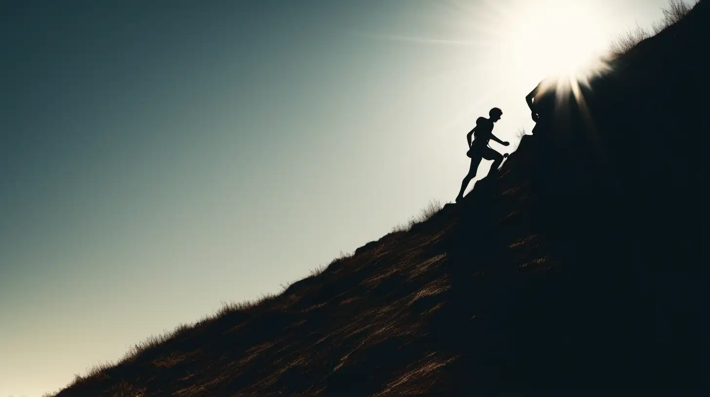 Silhouette of Person Climbing Steep Hill Against Bright Daylight