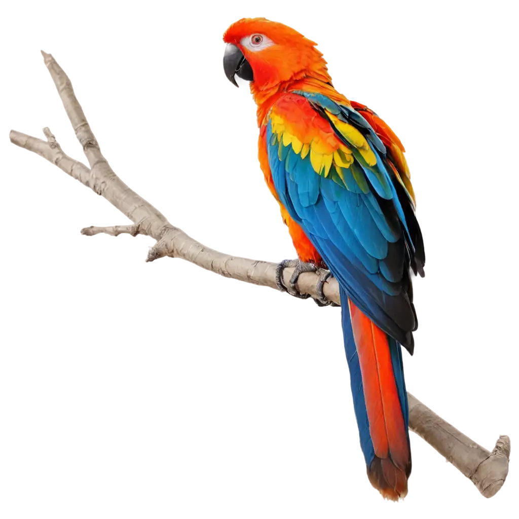A colorful parrot perched on a branch, surrounded by tropical foliage.