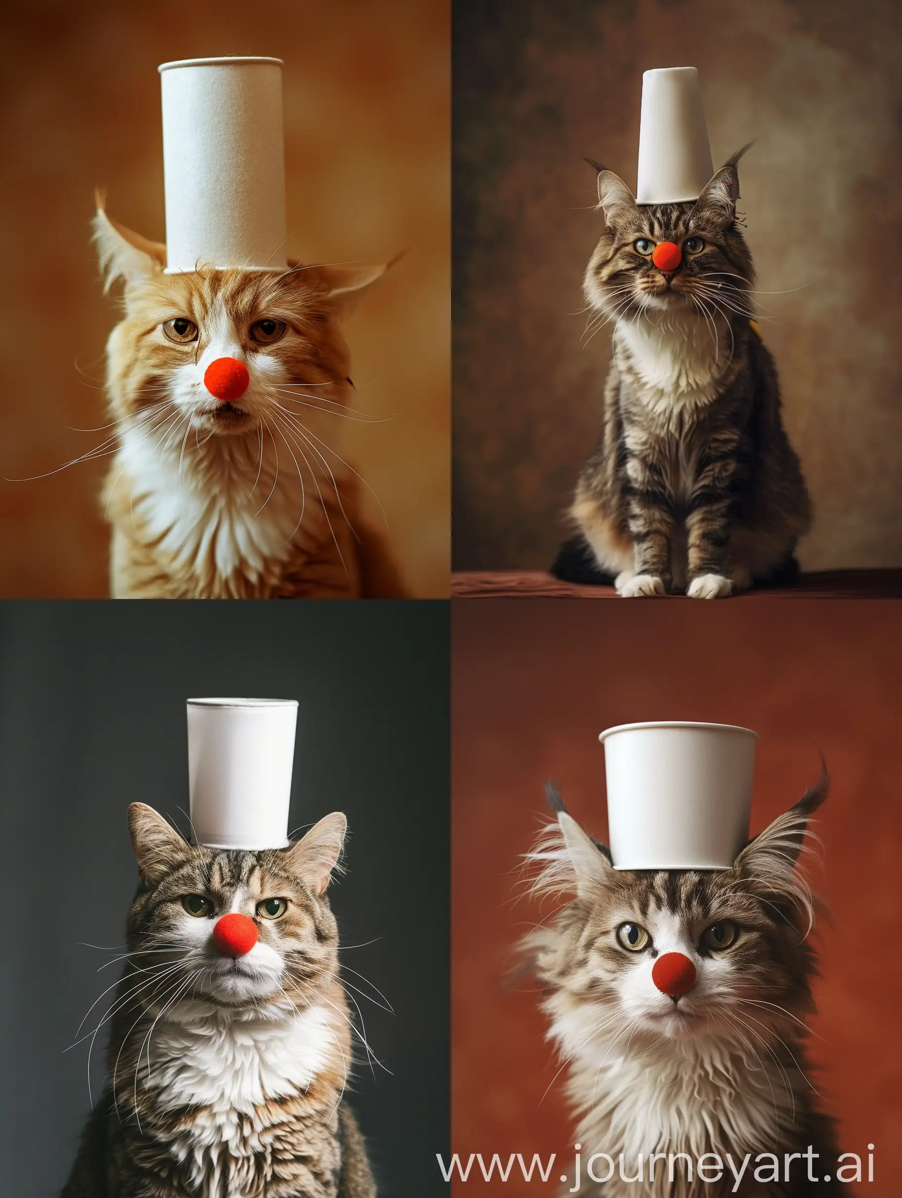 Whimsical-Cat-with-Clown-Nose-and-White-Cylinder-Hat