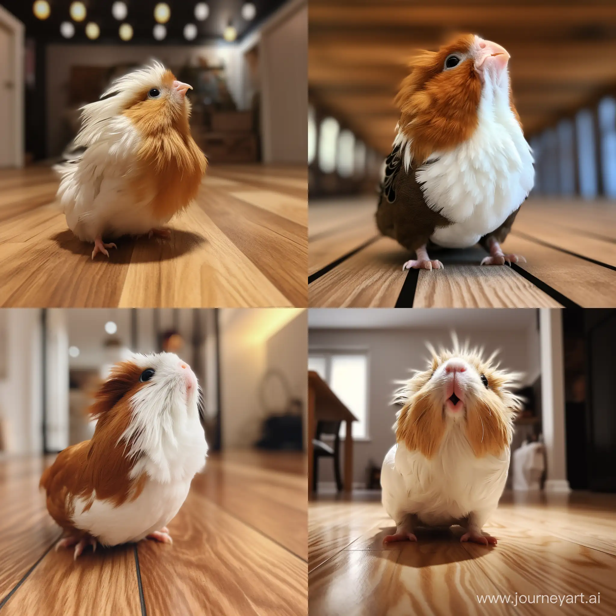 a brown and white guinea sitting on top of a wooden floor, a picture, reddit, viewed from below, piggy, 4k high res, 4yr old