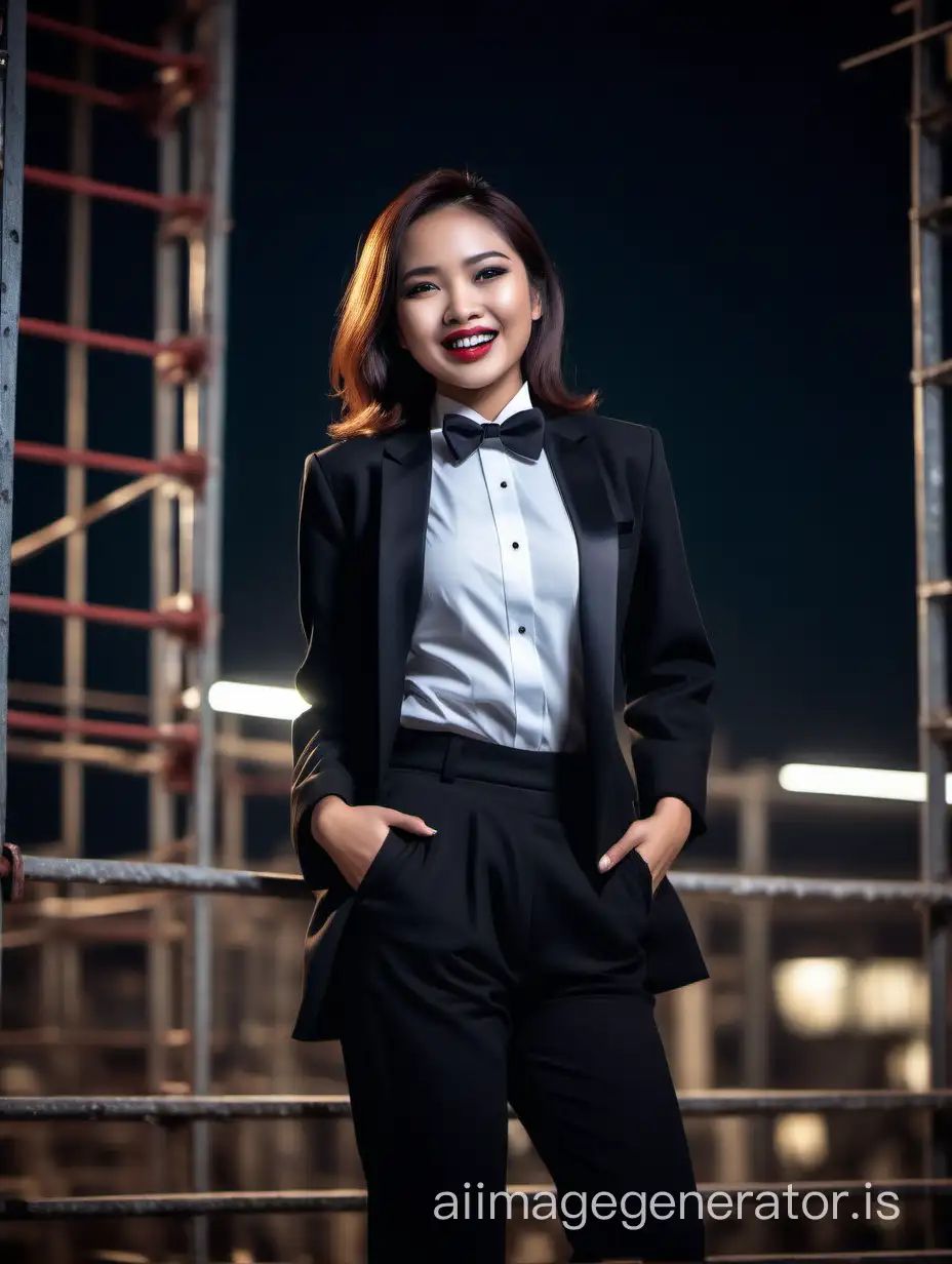 A stunning and cute and sophisticated and confident indonesian woman with shoulder length hair and lipstick wearing a black tuxedo with a black jacket.   Her shirt is white with black cufflinks and a (black bow tie) and (black pants).  She is walking toward the end of a scaffold.  She is facing you.  She is laughing and smiling.  She is relaxed. It is night.
