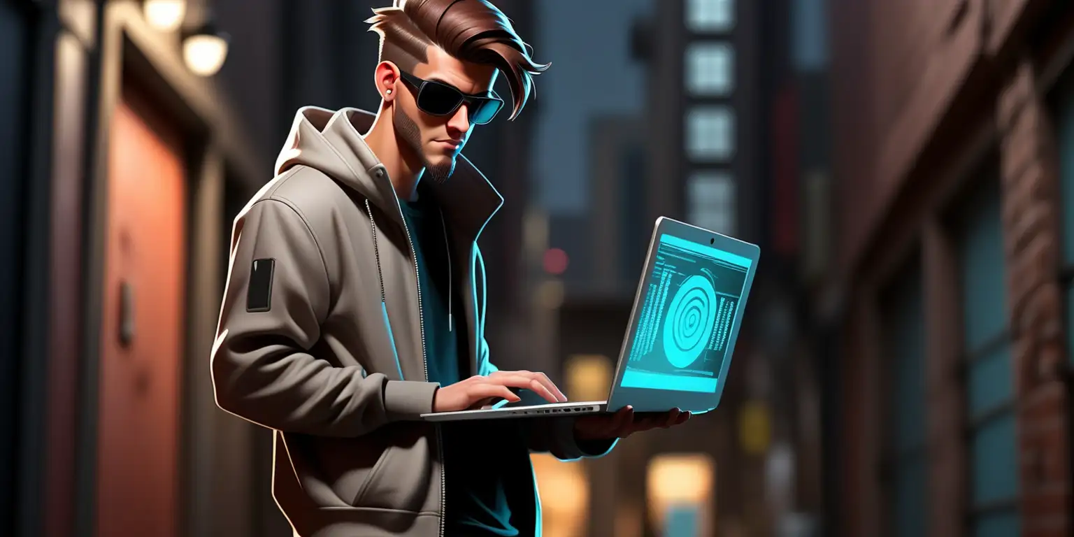 Cool guy full body standing as a  hacker holding laptop, side view