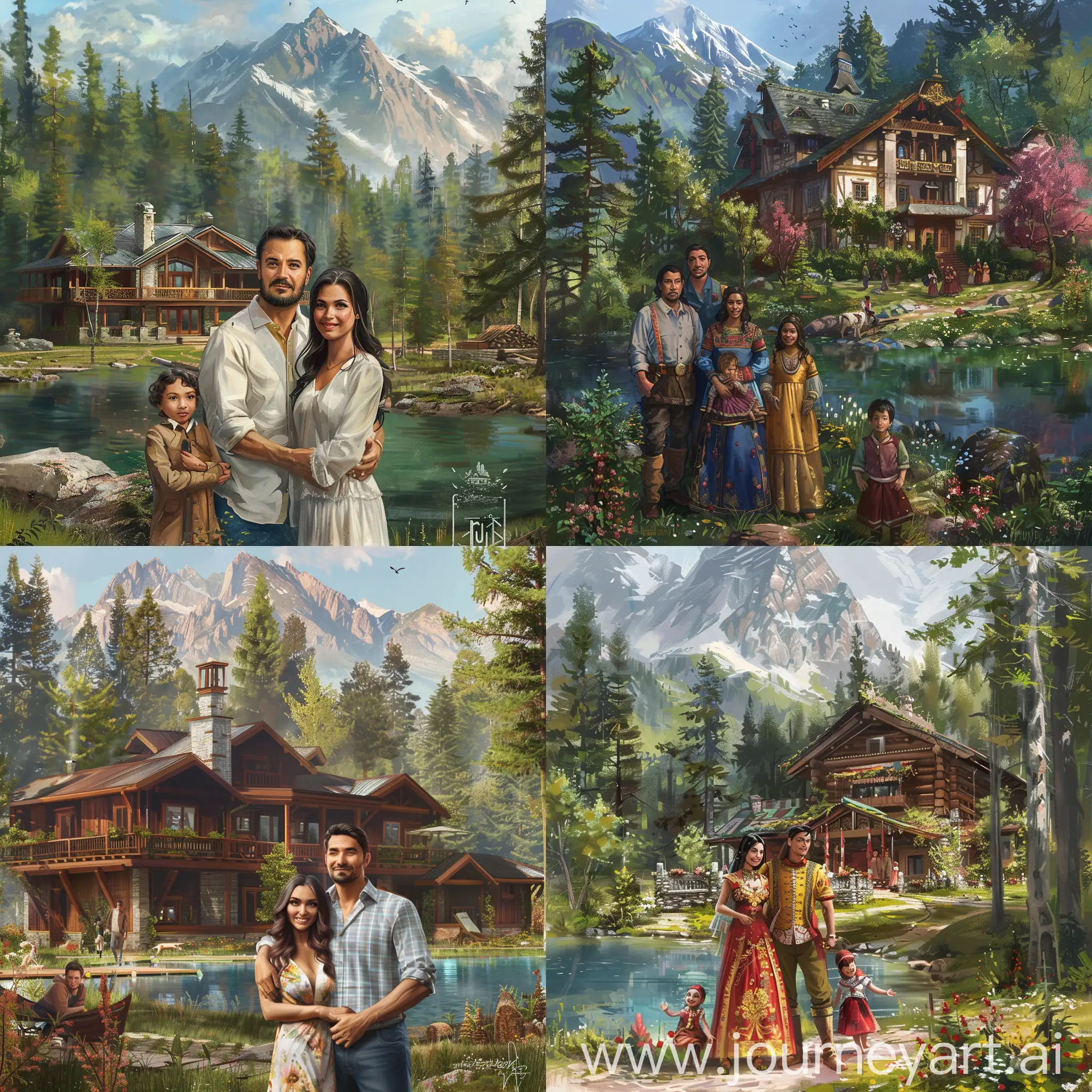 make me a picture of a kazakh woman and portuguese man couple and their family in a beautiful house near the forest and lake