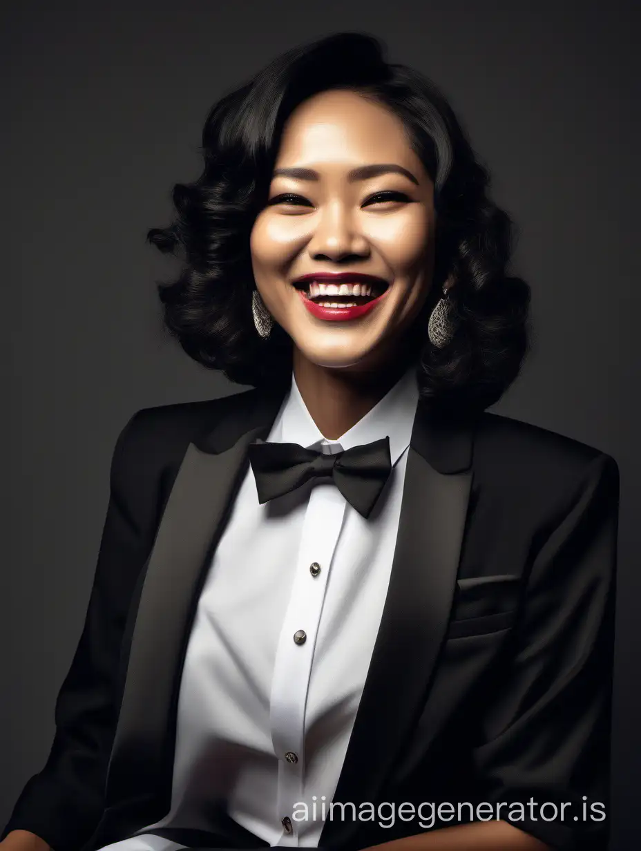 A sophisticated and confident indonesian woman with shoulder length hair and lipstick is seated a dark room.  She is wearing a black tuxedo with a black jacket.  Her shirt is white with double french cuffs and a wing collar.  Her bowtie is black.  She has cufflinks.  She is smiling and laughing.