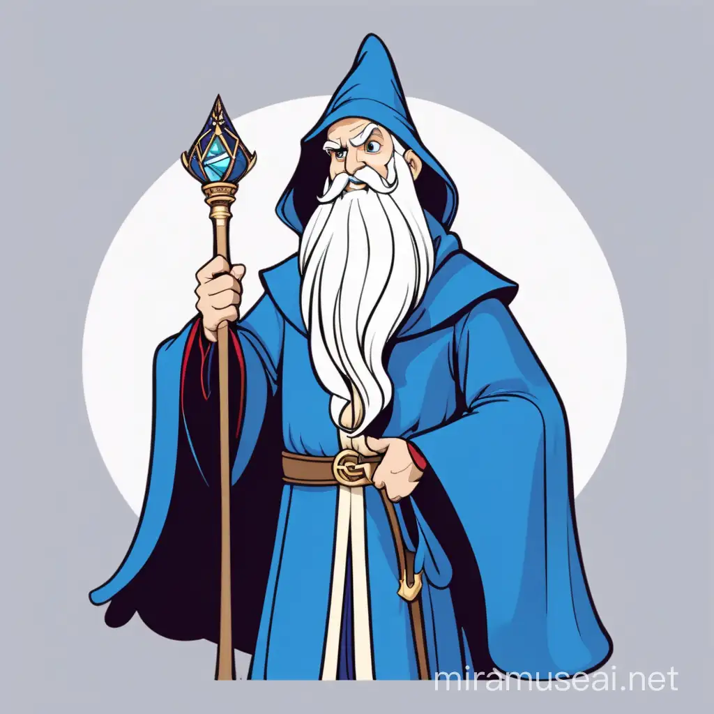 Merlin from disney, wizard, long white beard, blue clothes, full shot, minimalist, vector art, colored illustration with a black outline