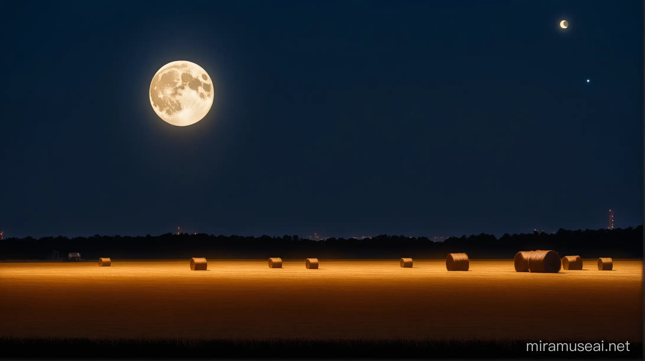 Moonlit Modern Factory Silhouette with Hay Fields and Roadway