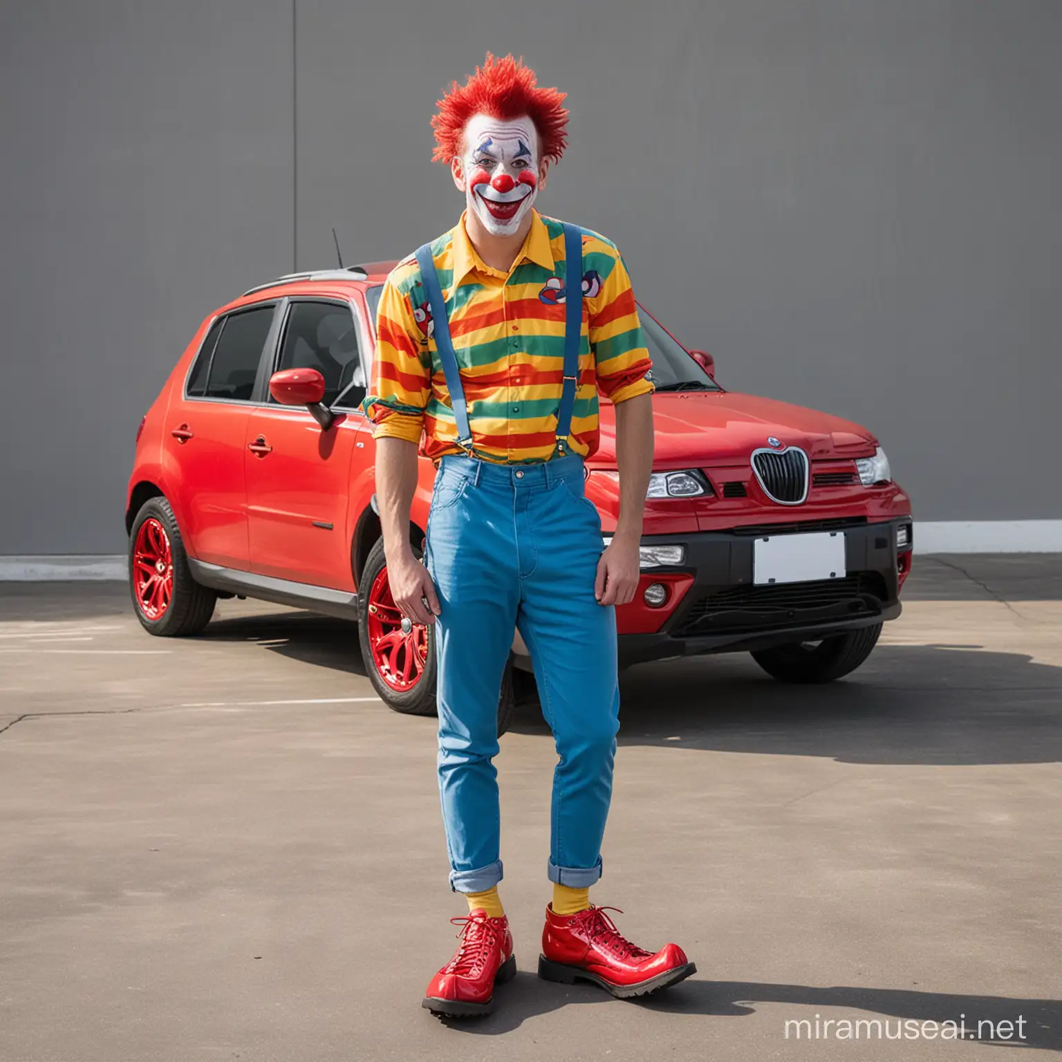Proud man wearing clown shoes standing in front of new car full body view