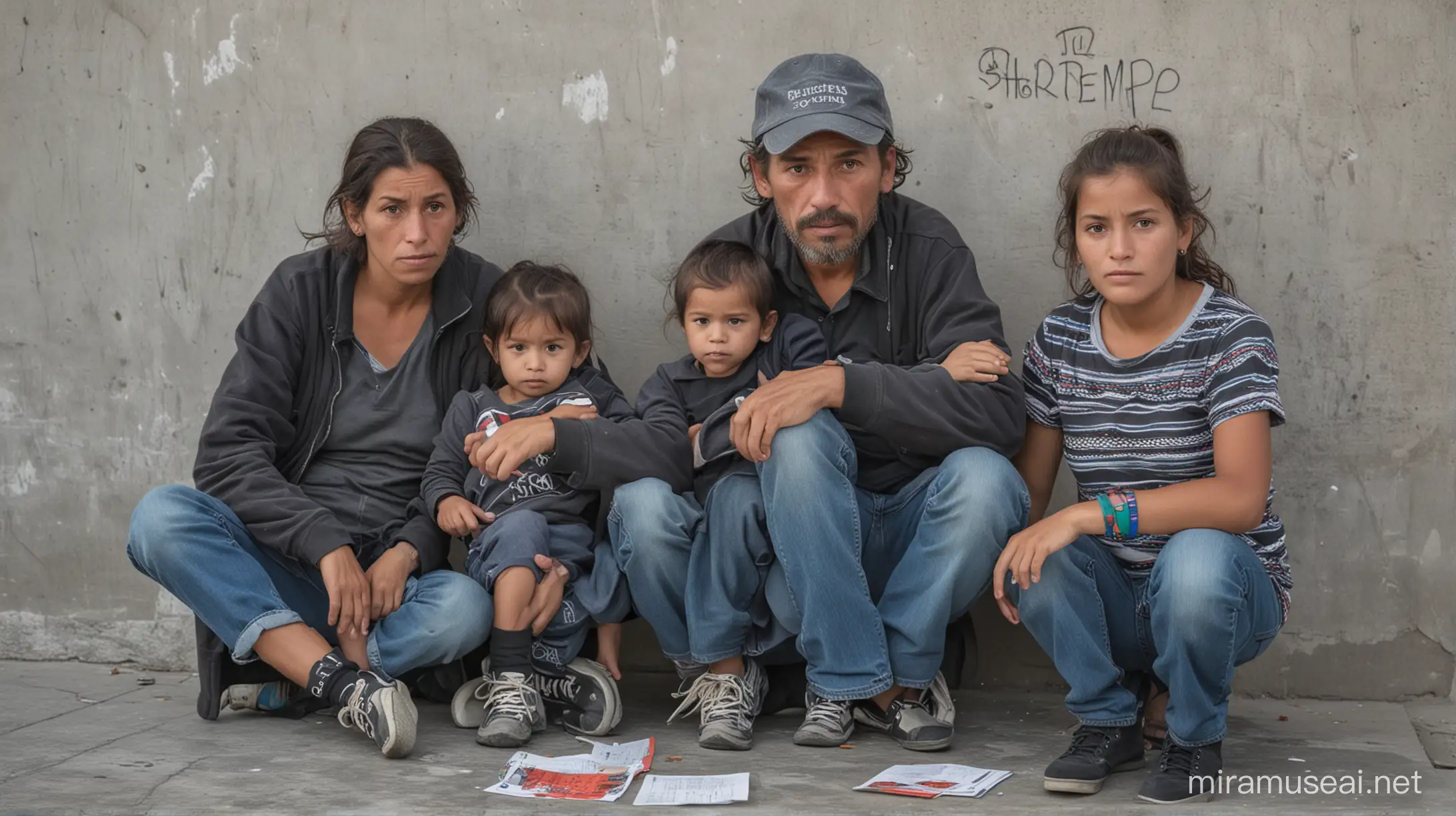 Homeless Family Soliciting Aid in Urban Mexico