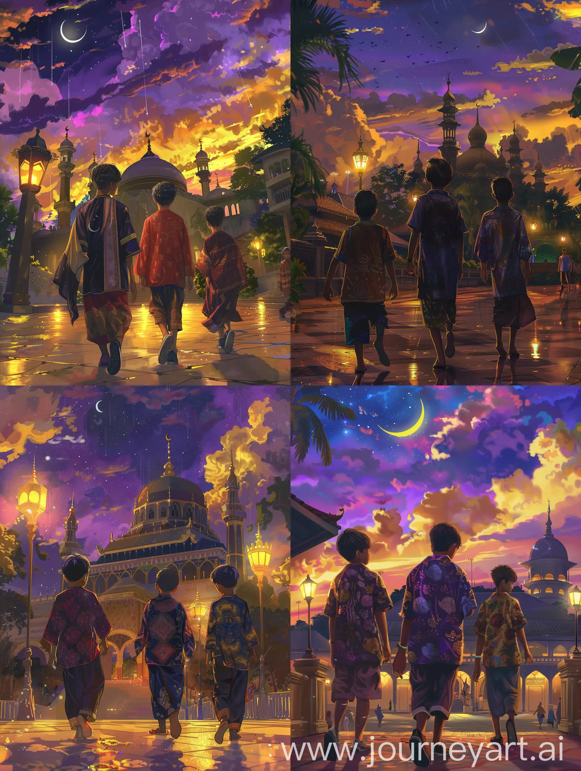 ultra realistic. Three teenage boys wearing sonkok and malay clothes walking towards the mosque. The atmosphere is night and the sky has purple and yellow clouds. there is a crescent moon. the mosque is illuminated by lamplight.
