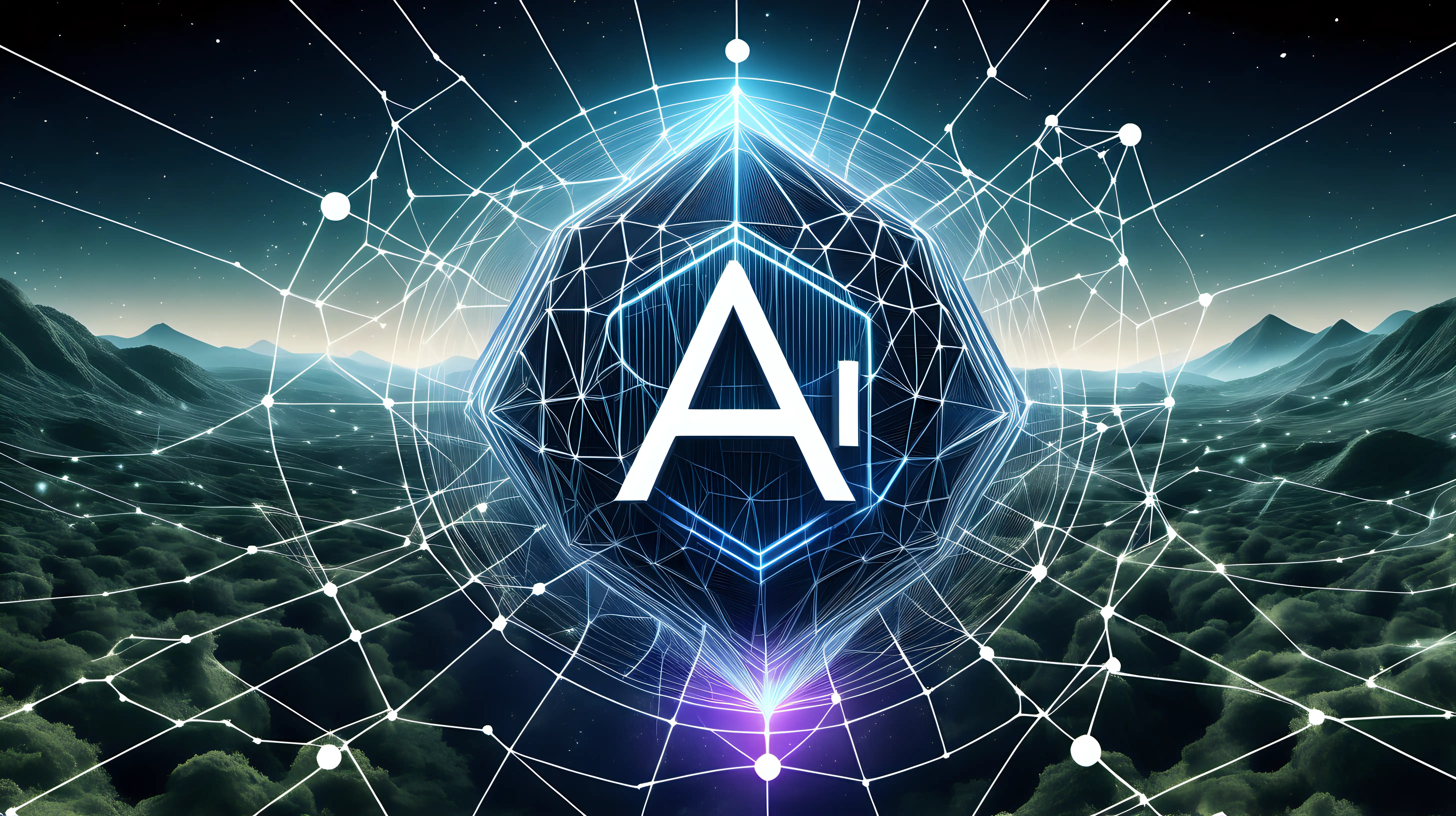 A cutting-edge visual representation of AI technology, featuring the central "AI" emblem surrounded by a futuristic landscape of interconnected nodes, data streams, and dynamic energy waves.