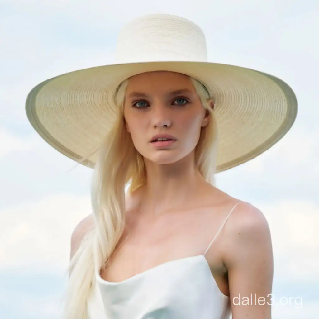 [editorial fashion shot] + [model with alabaster skin and platinum blonde hair styled in a wide-brimmed hat