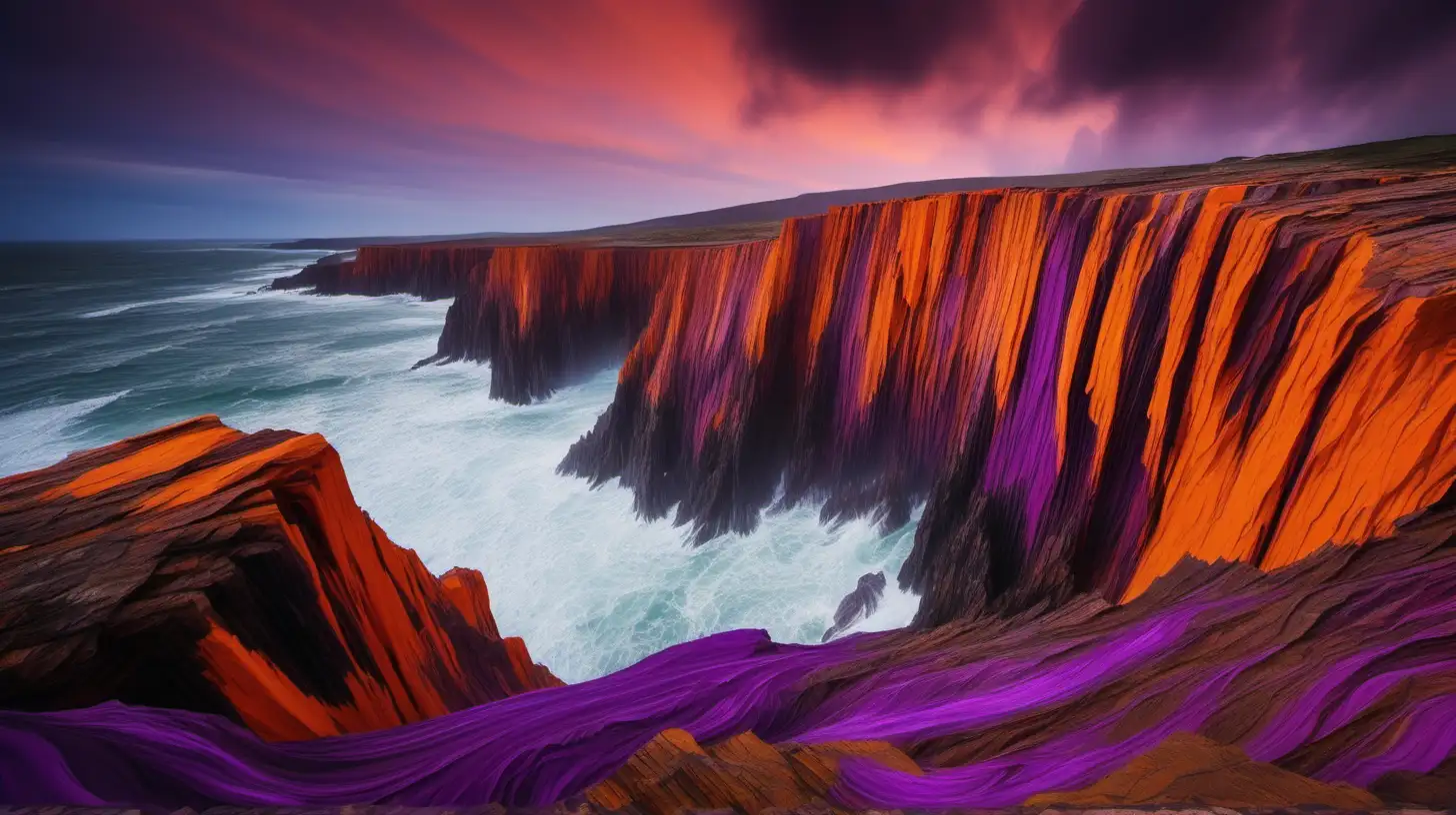 Dramatic swirls of orange and purple cascading over the rugged cliffs of a remote coastal landscape